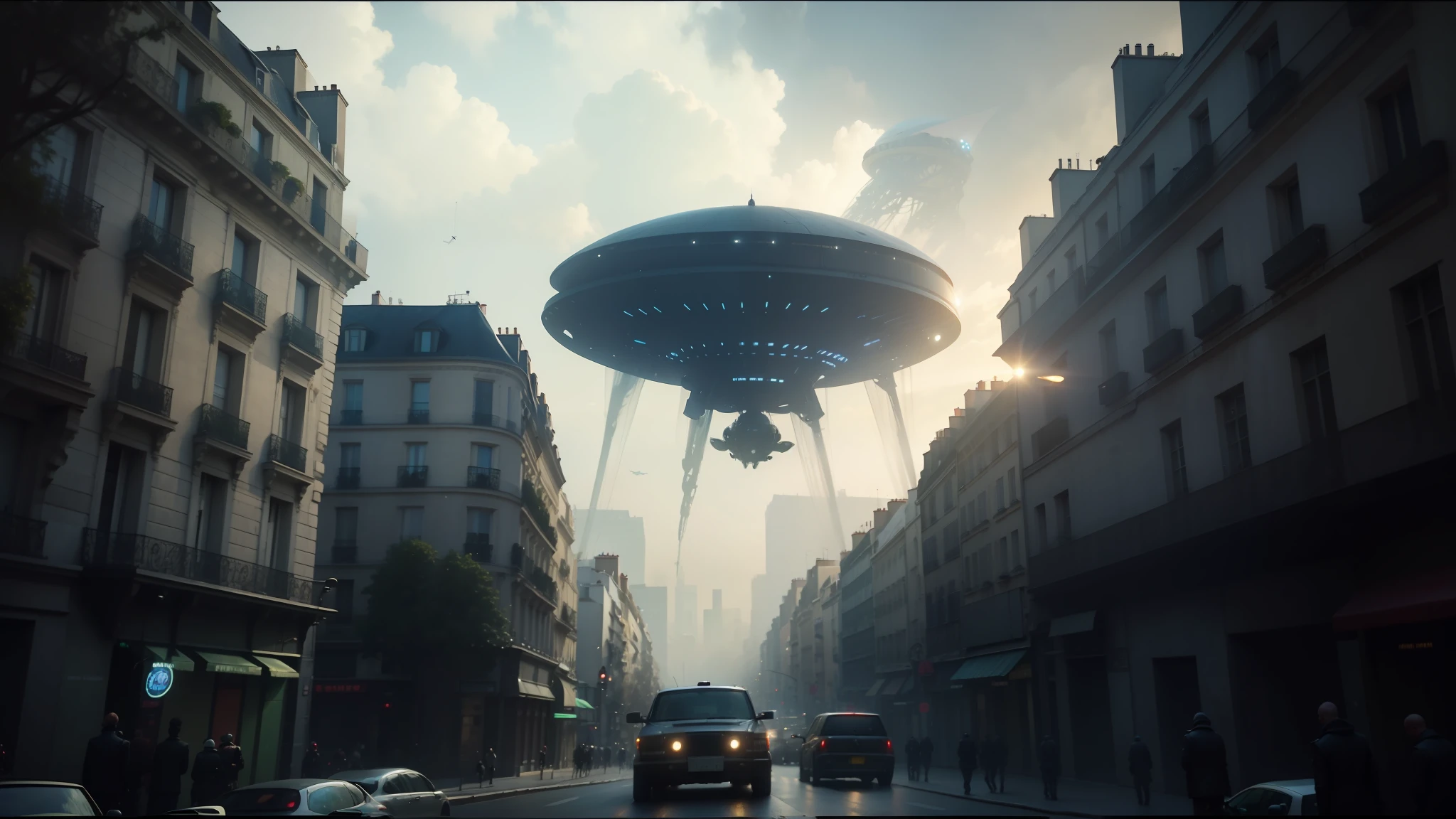 there is a large alien flying over a city street, cinematic paris, featured on cgsociety, invasion of the tripmachines, alien forest in background, cgi cutscene, inspired by Jacques-François Ochard, new vehicle, parade, cinematic photograph
