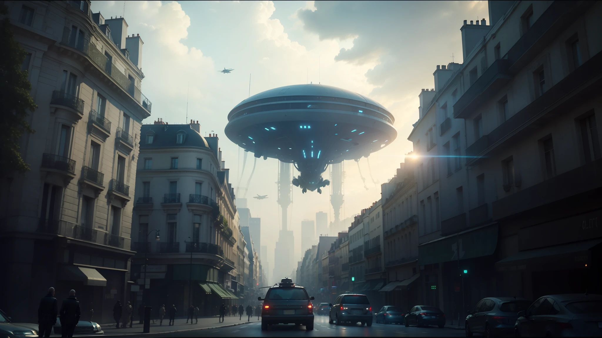 there is a large alien flying over a city street, cinematic paris, featured on cgsociety, invasion of the tripmachines, alien forest in background, cgi cutscene, inspired by Jacques-François Ochard, new vehicle, parade, cinematic photograph