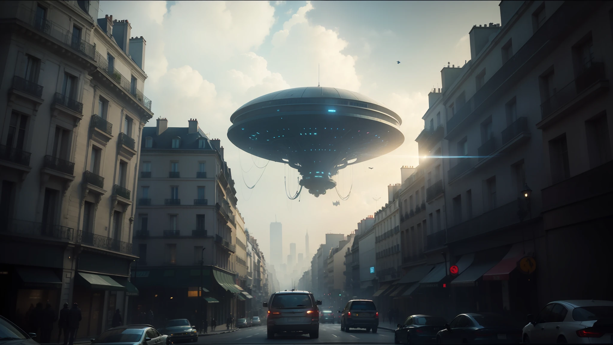 there is a large alien flying over a city street, cinematic paris, featured on cgsociety, invasion of the tripmachines, alien forest in background, cgi cutscene, inspired by Jacques-François Ochard, new vehicle, parade, cinematic photograph