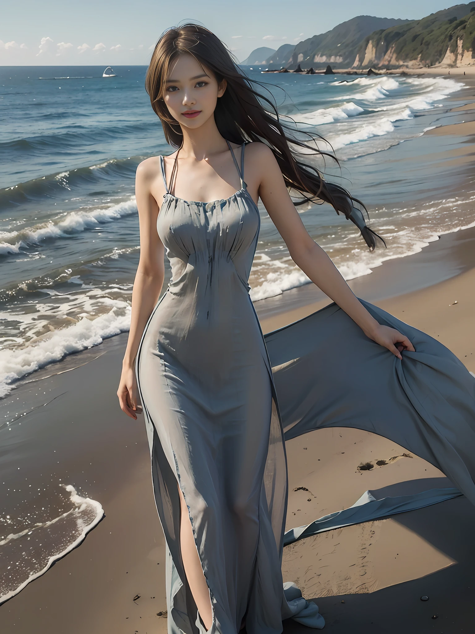 Best quality,masterpiece, ultra high res, (photorealistic:1.4), raw photo,(slender legs),(beautiful hands),1girl,solo,standing,((maxi dress:1.5)),in the dark, deep shadow,(jimmy choo), (floating colorful wind:1) ,(full body),Perfect eyes, perfect face, Beach, sea, smile,low key, Slim figure, ((golden ratio figure)), ((perfect long legs))