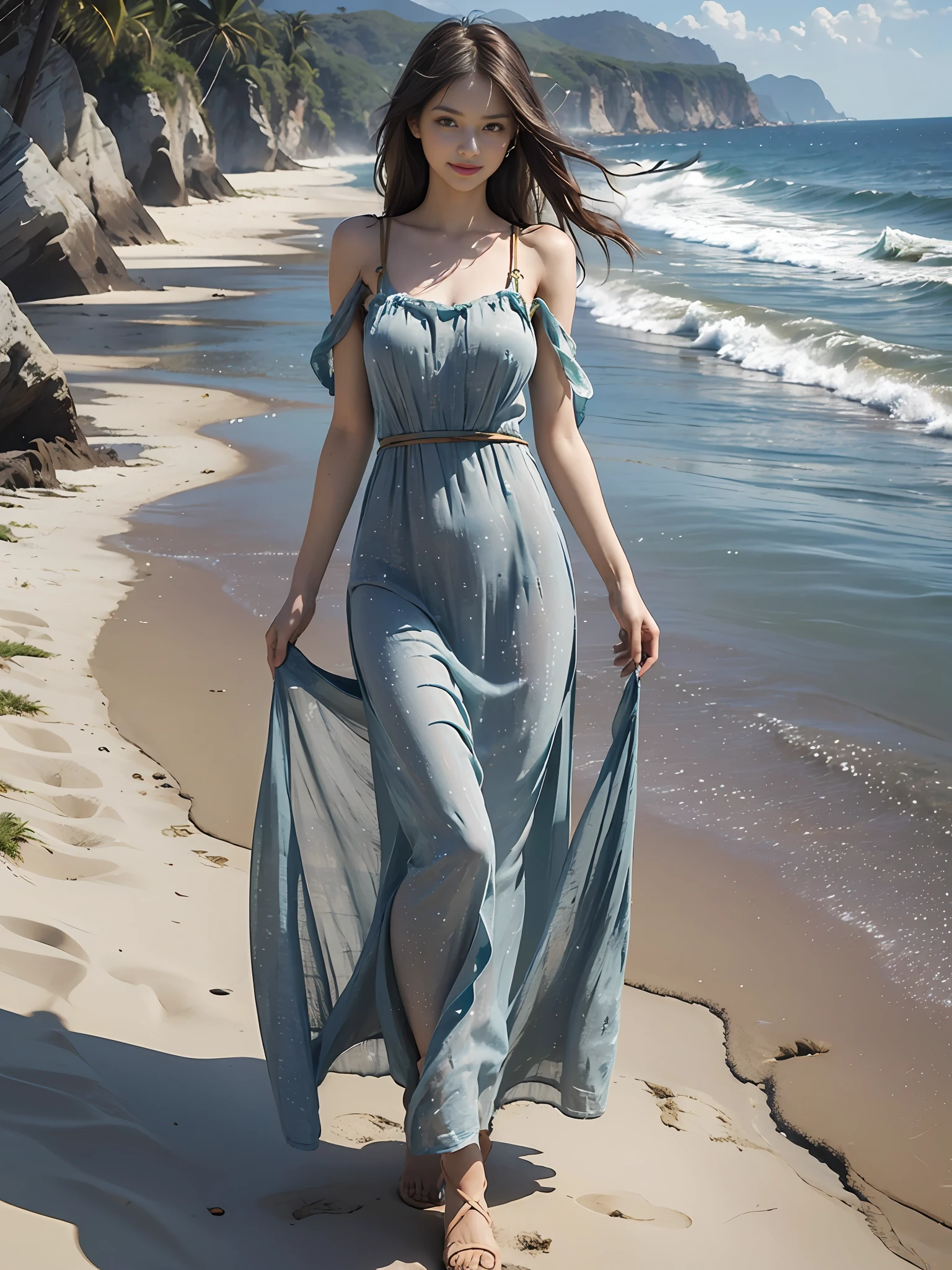 Best quality,masterpiece, ultra high res, (photorealistic:1.4), raw photo,(slender legs),(beautiful hands),1girl,solo,standing,((maxi dress:1.5)),in the dark, deep shadow,(jimmy choo), (floating colorful wind:1) ,(full body),Perfect eyes, perfect face, Beach, sea, smile,low key, Slim figure, ((golden ratio figure)), ((perfect long legs))