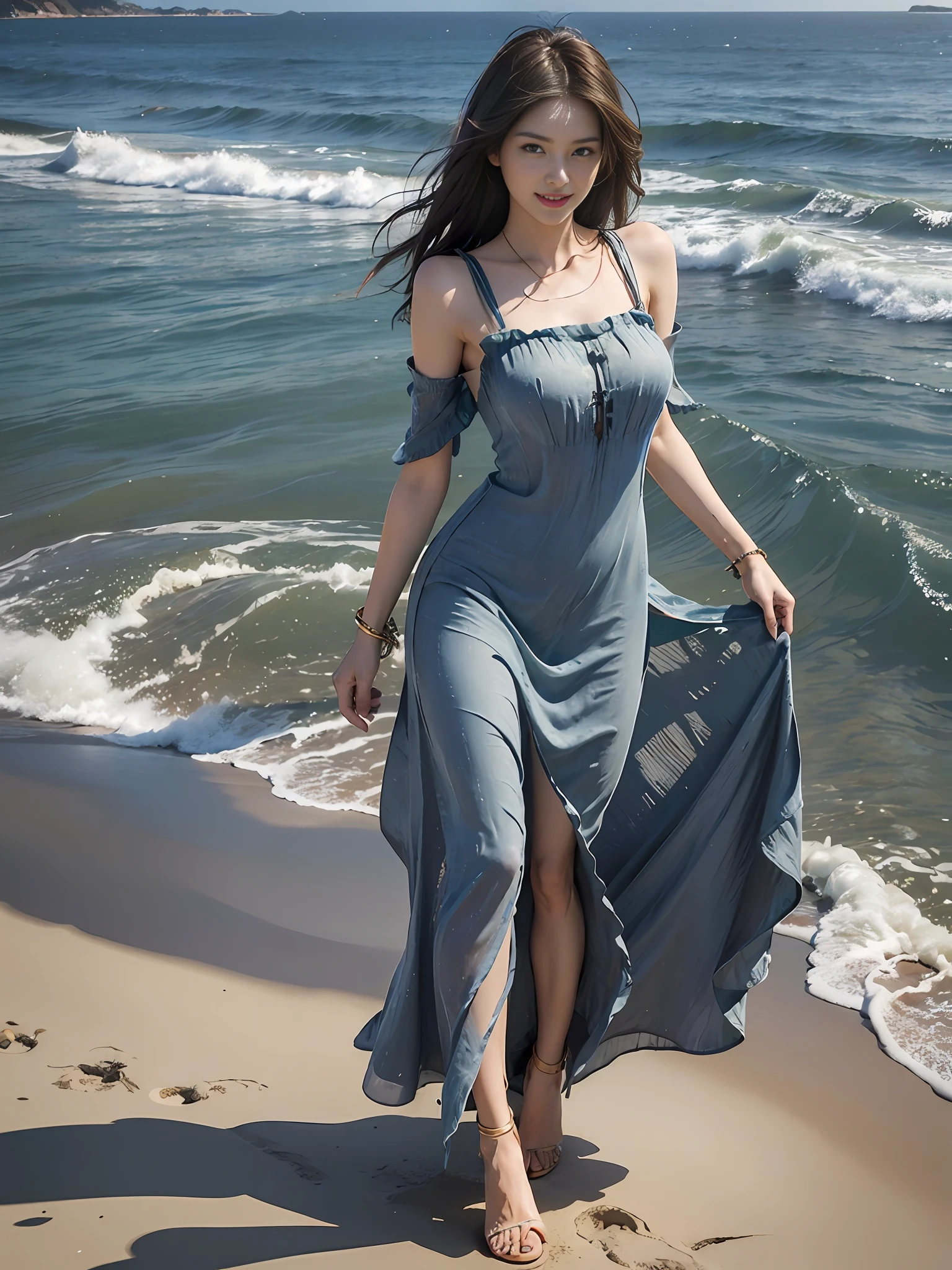 Best quality,masterpiece, ultra high res, (photorealistic:1.4), raw photo,(slender legs),(beautiful hands),1girl,solo,standing,((maxi dress:1.5)),in the dark, deep shadow,(jimmy choo), (floating colorful wind:1) ,(full body),Perfect eyes, perfect face, Beach, sea, smile,low key, Slim figure, ((golden ratio figure)), ((perfect long legs))