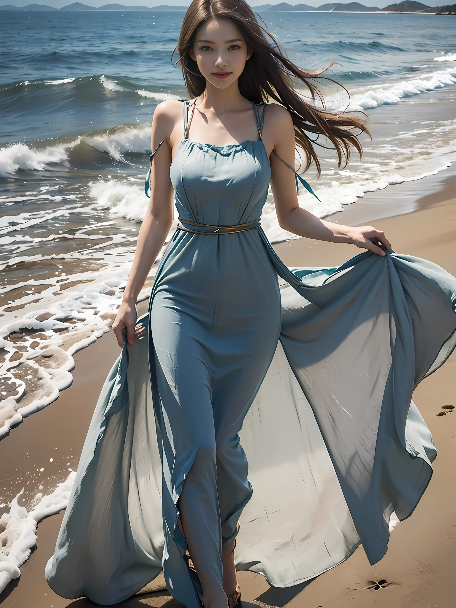 Best quality,masterpiece, ultra high res, (photorealistic:1.4), raw photo,(slender legs),(beautiful hands),1girl,solo,standing,((maxi dress:1.5)),in the dark, deep shadow,(jimmy choo), (floating colorful wind:1) ,(full body),Perfect eyes, perfect face, Beach, sea, smile,low key, Slim figure, ((golden ratio figure)), ((perfect long legs))