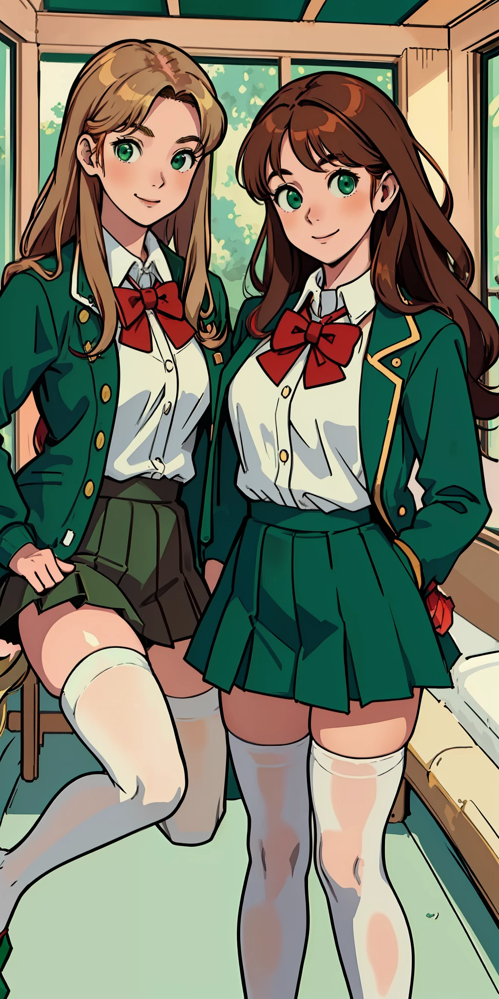 perfect anime illustration, teenage girls, medium breasts, 3girls, (((1 blonde girl, 1 redhead girl, 1 brown haired girl))), triplet sisters, rich girls, sexy schoolgirls, brown hair, red hair, blonde hair, curly hair, long hair, different hair colors, hazel eyes, smiling, white skin, (((school uniform, green jacket, closed jacket, red bowtie, green skirt, white thigh high socks, green high heels))), matching outfits, highres, bedroom, full body, posing