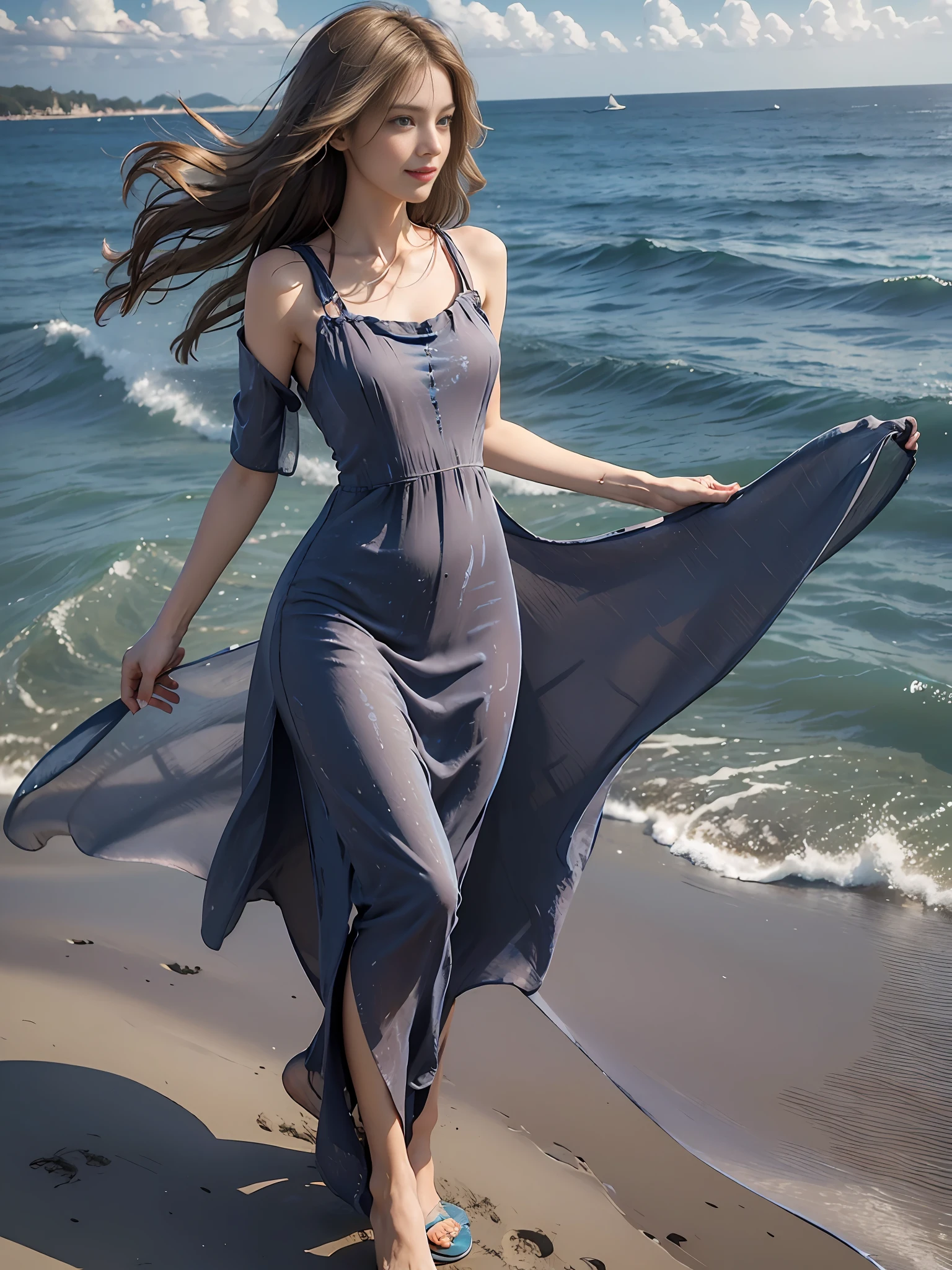 Best quality,masterpiece, ultra high res, (photorealistic:1.4), raw photo,(slender legs),(beautiful hands),1girl,solo,standing,((maxi dress:1.5)),in the dark, deep shadow,(jimmy choo), (floating colorful wind:1) ,(full body),Perfect eyes, perfect face, Beach, sea, smile,low key, Slim figure, ((golden ratio figure)), ((perfect long legs))