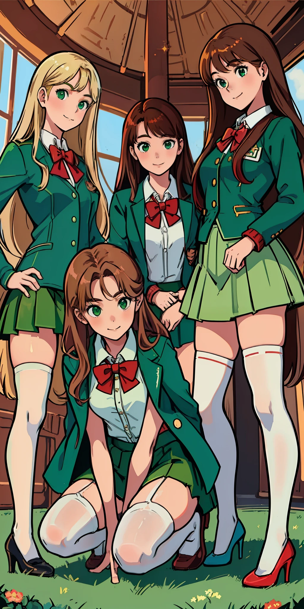 perfect anime illustration, teenage girls, medium breasts, 3girls, (((1 blonde girl, 1 redhead girl, 1 brown haired girl))), triplet sisters, rich girls, sexy schoolgirls, brown hair, red hair, blonde hair, curly hair, long hair, different hair colors, hazel eyes, smiling, white skin, (((school uniform, green jacket, closed jacket, red bowtie, green skirt, white thigh high socks, green high heels))), matching outfits, highres, bedroom, full body, posing