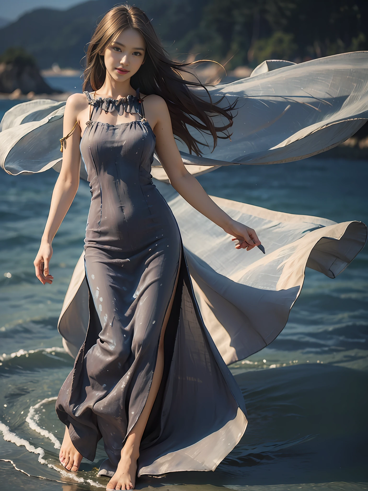 Best quality,masterpiece, ultra high res, (photorealistic:1.4), raw photo,(slender legs),(beautiful hands),1girl,solo,standing,((maxi dress:1.5)),in the dark, deep shadow,(jimmy choo), (floating colorful wind:1) ,(full body),Perfect eyes, perfect face, Beach, sea, smile,low key, Slim figure, ((golden ratio figure)), ((perfect long legs))