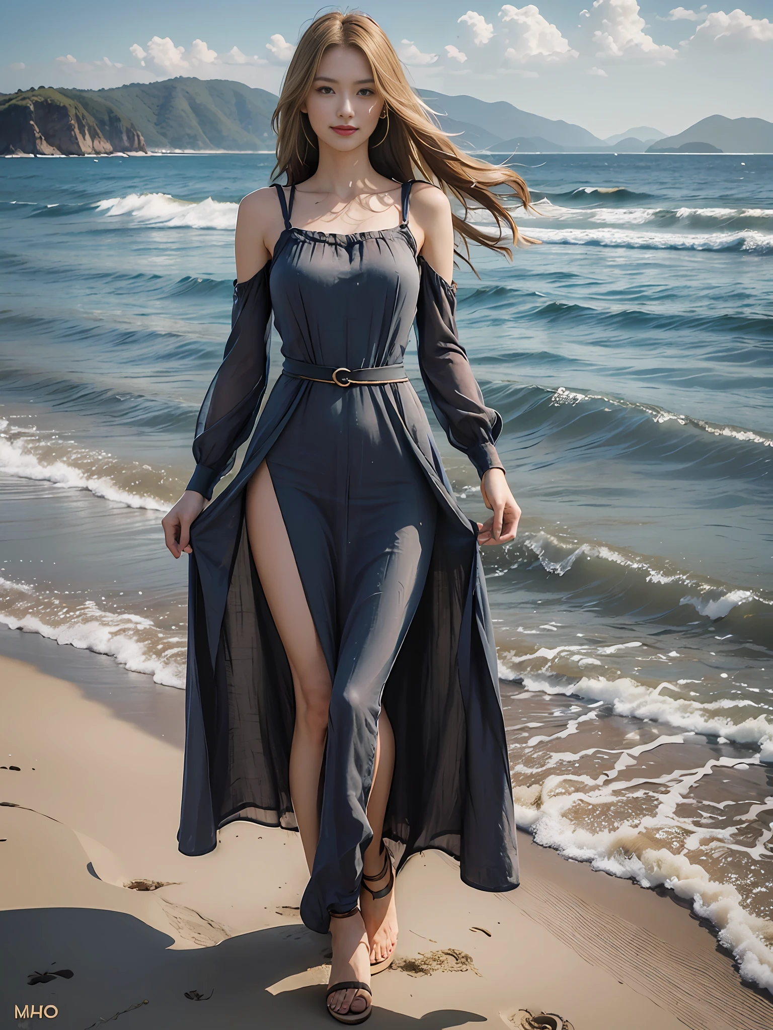 Best quality,masterpiece, ultra high res, (photorealistic:1.4), raw photo,(slender legs),(beautiful hands),1girl,solo,standing,((maxi dress:1.5)),in the dark, deep shadow,(jimmy choo), (floating colorful wind:1) ,(full body),Perfect eyes, perfect face, Beach, sea, smile,low key, Slim figure, ((golden ratio figure)), ((perfect long legs))