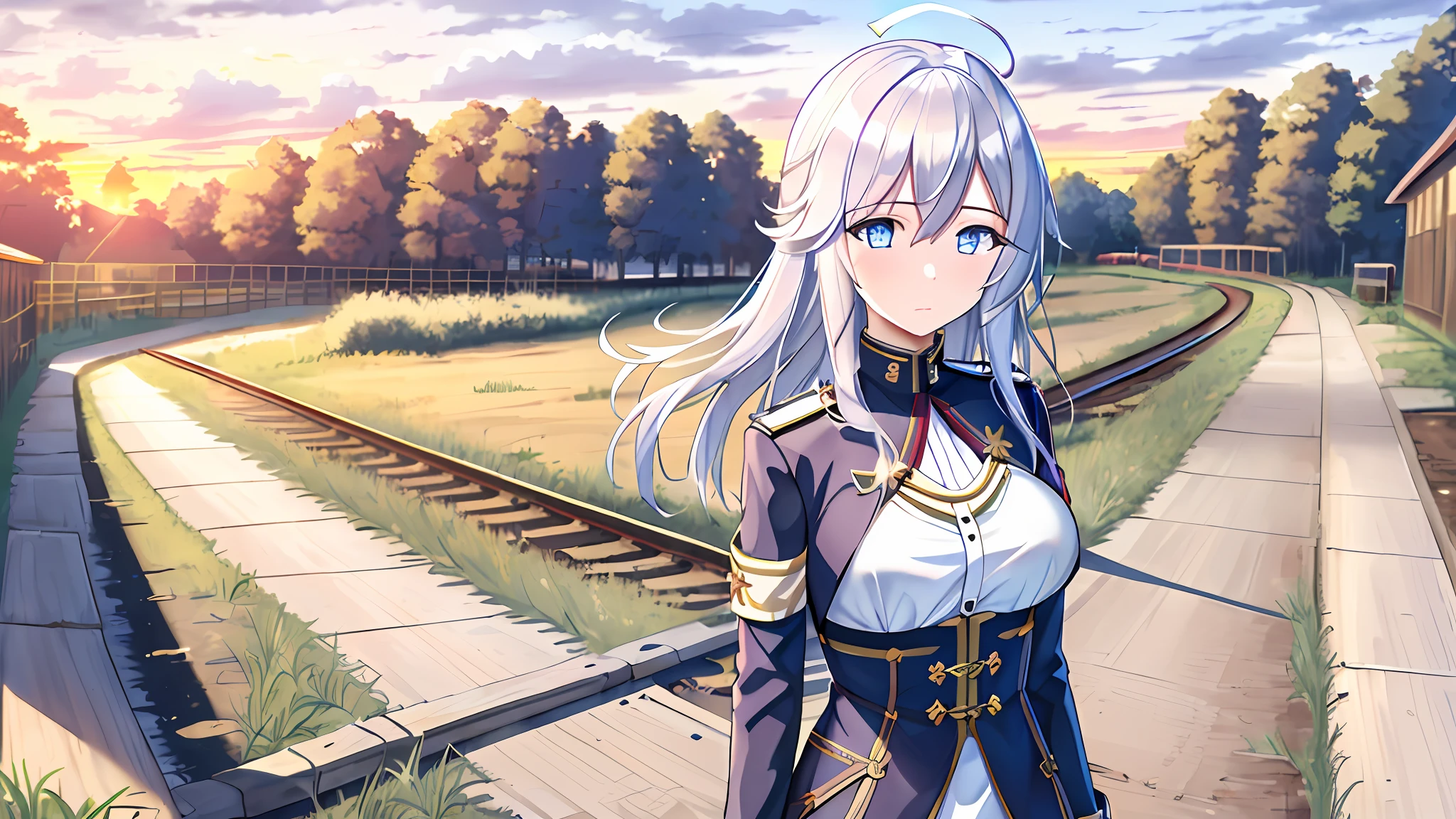 (masterpiece, best quality:1.2),
1girl,Vladilena,lenaface,white thighhighs, Indonesian Kebaya clothing, blue eyes, , sky, looking at viewer, white hair,outdoors, cloud, medium breastsna hair, hair between eyes, closed mouth, looking at viewer, portrait, ahoge, expressionless, bangs, white hair,
golden hour, glowing sky, warm sunrays, amber hues, serene atmosphere, railroad tracks stretching into the distance, vanishing point, aged wooden ties, rusted metal rails, gentle breeze, rhythmic clacking of a distant train, silhouettes of trees, tall grasses swaying, nostalgic ambiance, quiet contemplation, connection between past and present, timeless beauty,