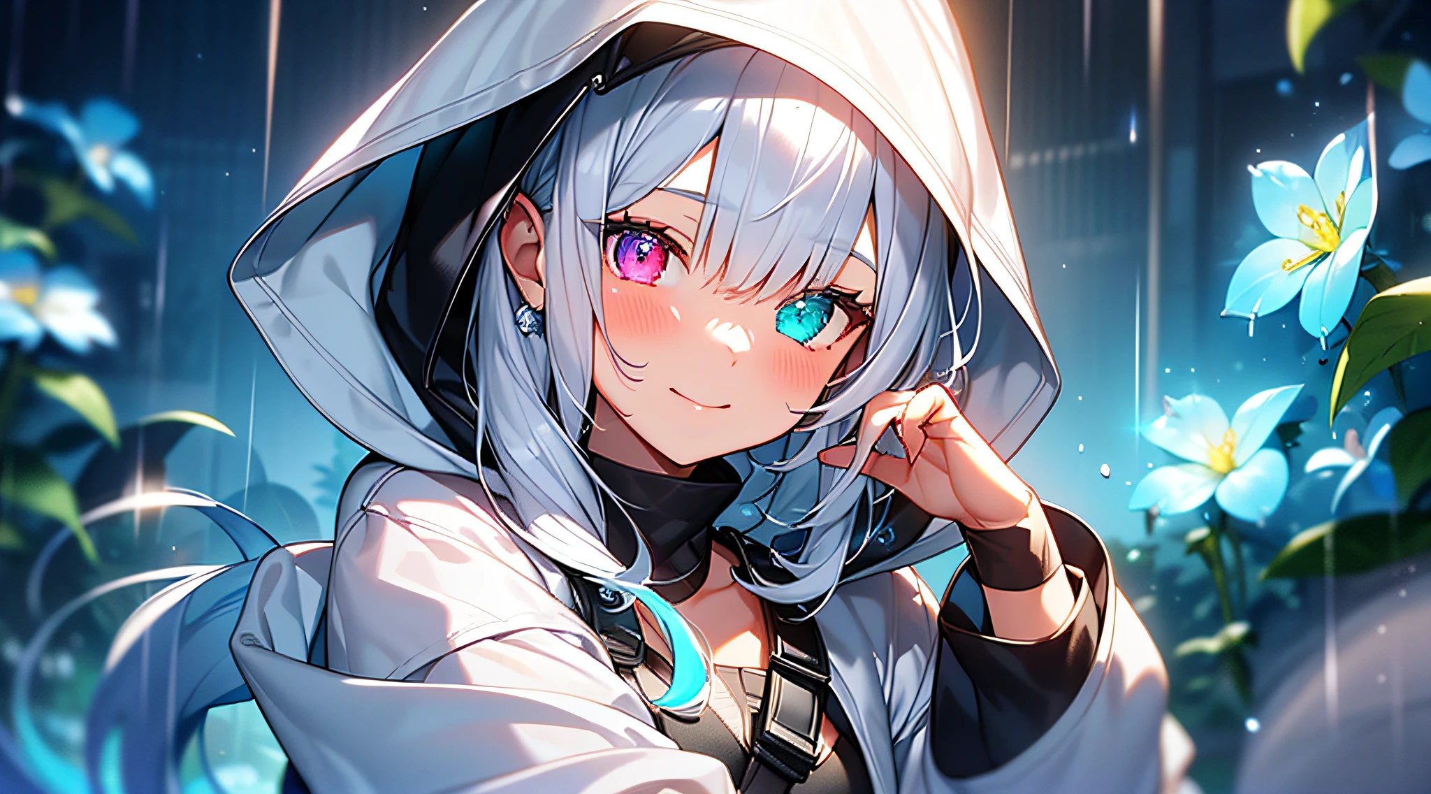 masterpiece, best quality, photorealistic, ultra-detailed, delicate, methodical, high detail, (cute), beautiful, majestic, shiny, shiny skin, thick contours, bluish silver ponytail, (drooping heterochromia iris:1.3), little,15 years old, girl with a gentle smile, shy girl, slender, (bioluminescent hair: 1.2), (glowing eyes), ambient occlusion, ambient light, ray-traced reflections, shine, glowing aura, glowing hair, Game CG, Dynamic Angle, Dutch Angle, Cowboy Shot, Blurred Background, hydrangea, rain, (raincoat: 1.2), (casual clothes), (wearing a hood:1.2),wet,