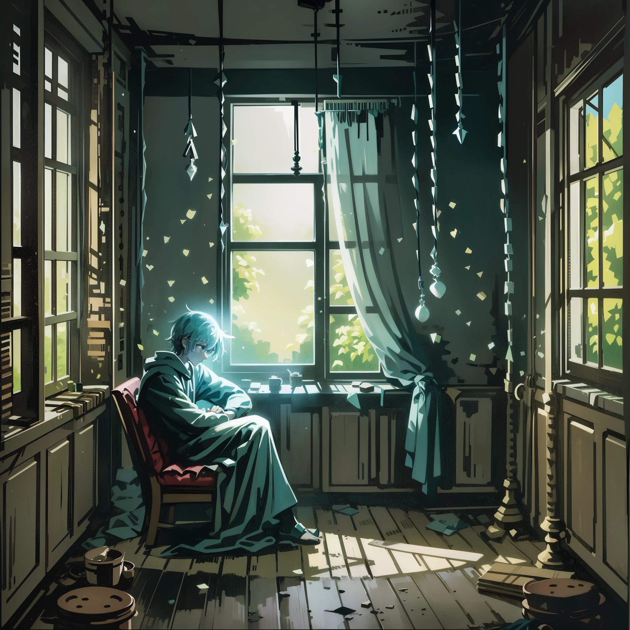 A person sitting in a dark room, with his head lowered and his shoulders hunched. The environment is cluttered and gloomy, representing the sadness and isolation that often accompany depression. However, in the same image, a small bright light enters through the window between the curtains, symbolizing hope and the possibility of finding joy even in the darkest moments.