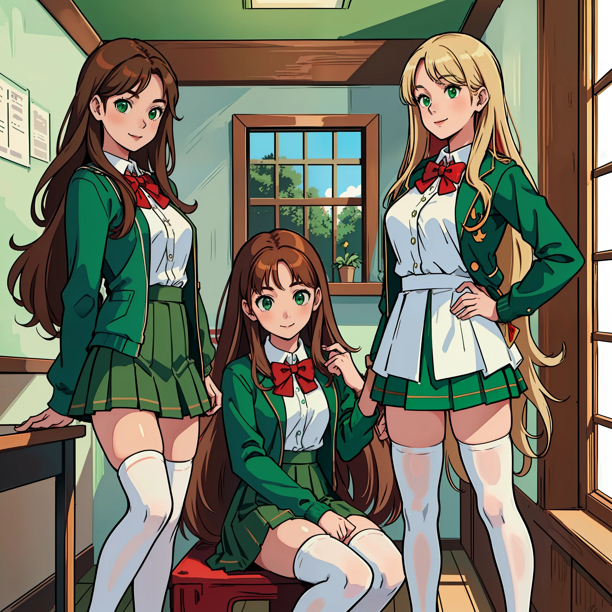 perfect anime illustration, teenage girls, medium breasts, 3girls, (((1 blonde girl, 1 redhead girl, 1 brown haired girl))), triplet sisters, rich girls, sexy schoolgirls, brown hair, red hair, blonde hair, curly hair, long hair, different hair colors, hazel eyes, smiling, white skin, (((school uniform, green jacket, closed jacket, red bowtie, green skirt, white thigh high socks, green high heels))), matching outfits, highres, bedroom, full body, posing