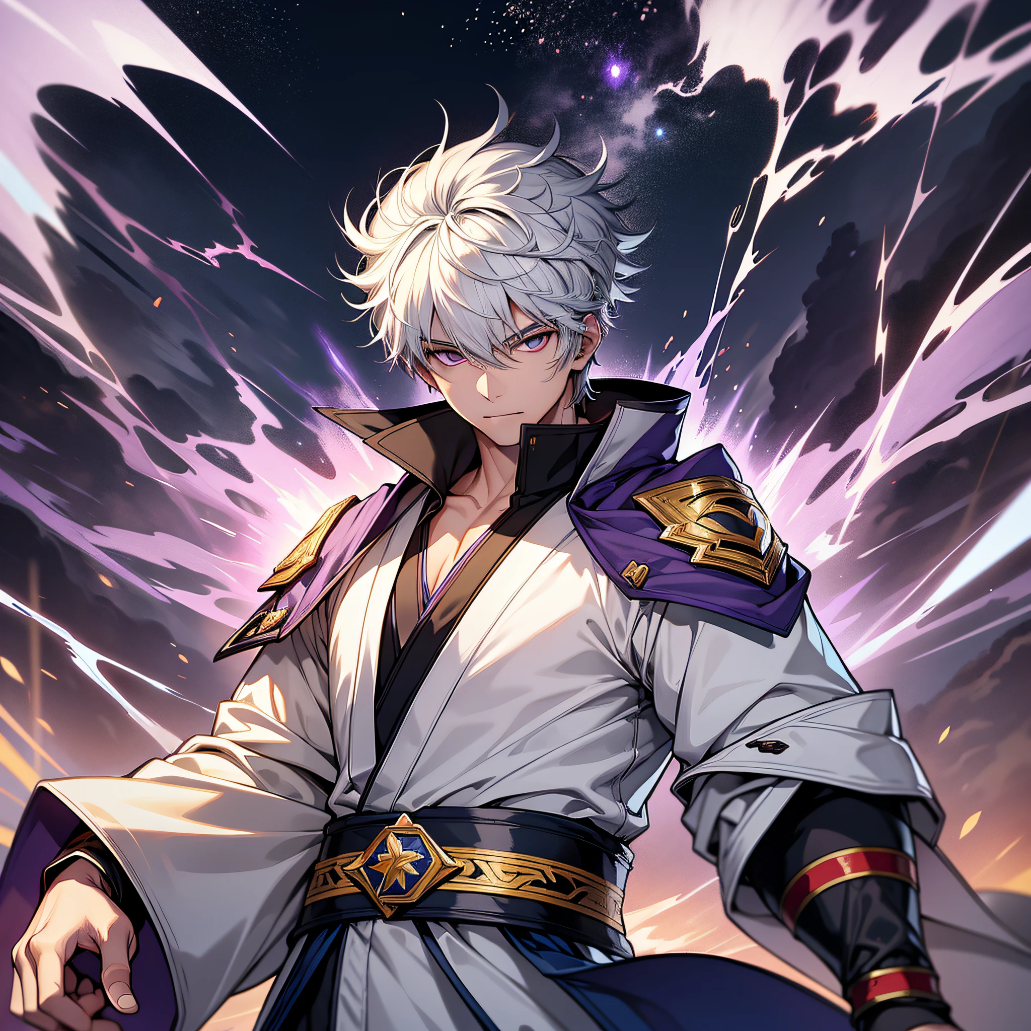 Ultra HD, Super Detail, High Detail, best quality, High quality,
A boy with short white hair, wearing a Chinese-style purple Taoist robe, Lightning mage, lightning dispersion