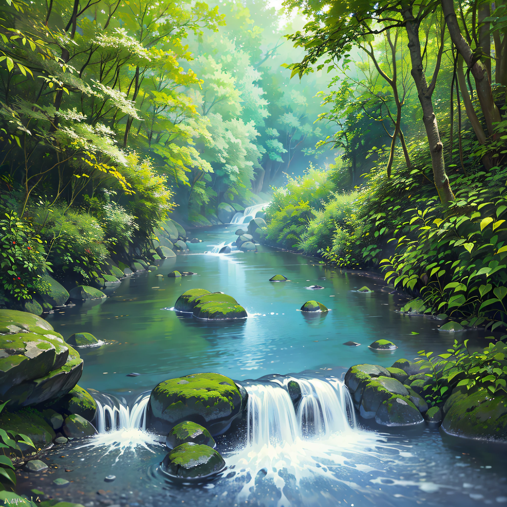 A narrow narrow river upstream, on the banks of a stream in a forest valley, overgrown with trees and leaves, with a waterfall, a very realistic and clear image, ((highest quality, 8K, masterpiece: 1.3)), crystal clear water, vivid and overwhelming view, --auto --s2