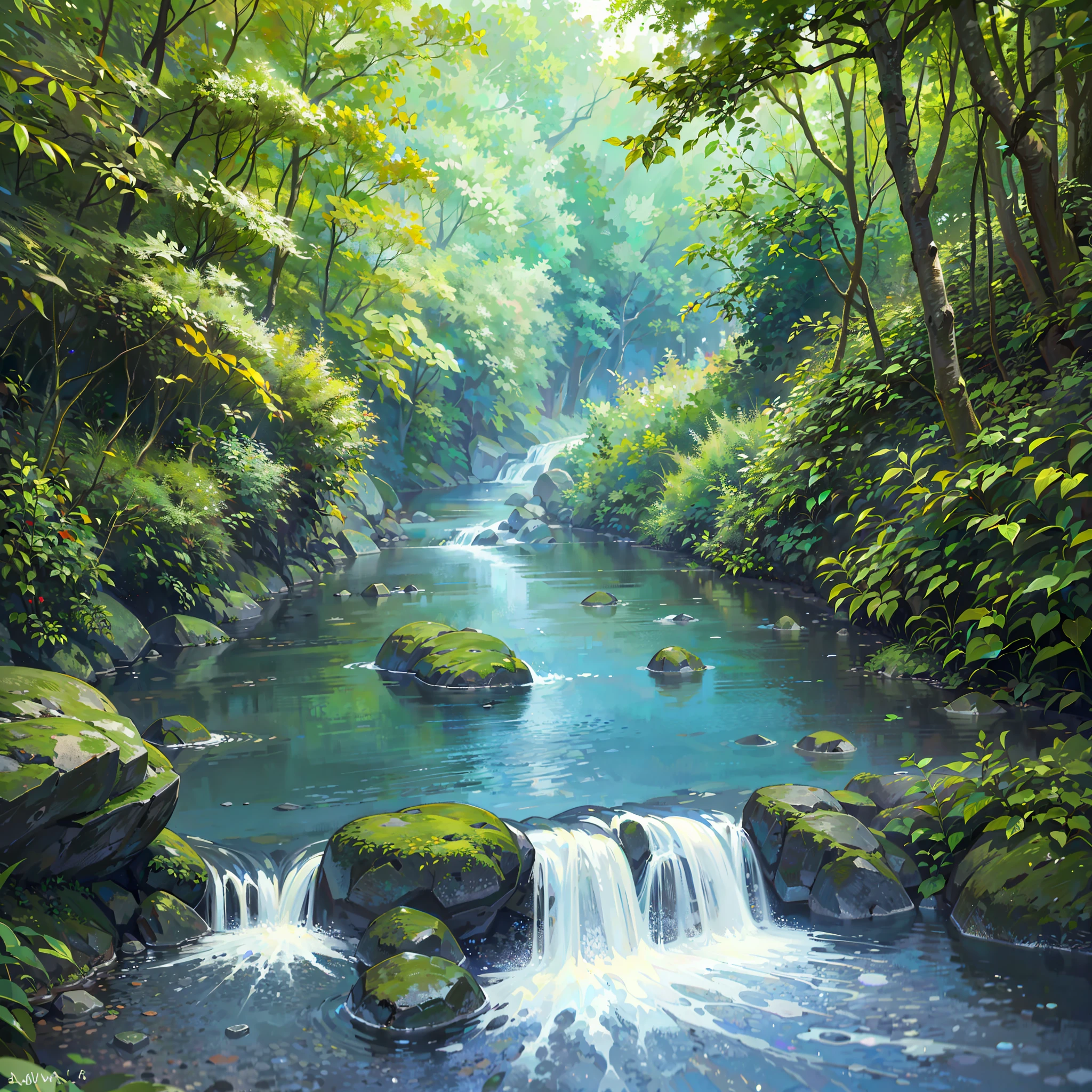 A narrow narrow river upstream, on the banks of a stream in a forest valley, overgrown with trees and leaves, with a waterfall, a very realistic and clear image, ((highest quality, 8K, masterpiece: 1.3)), crystal clear water, vivid and overwhelming view, --auto --s2