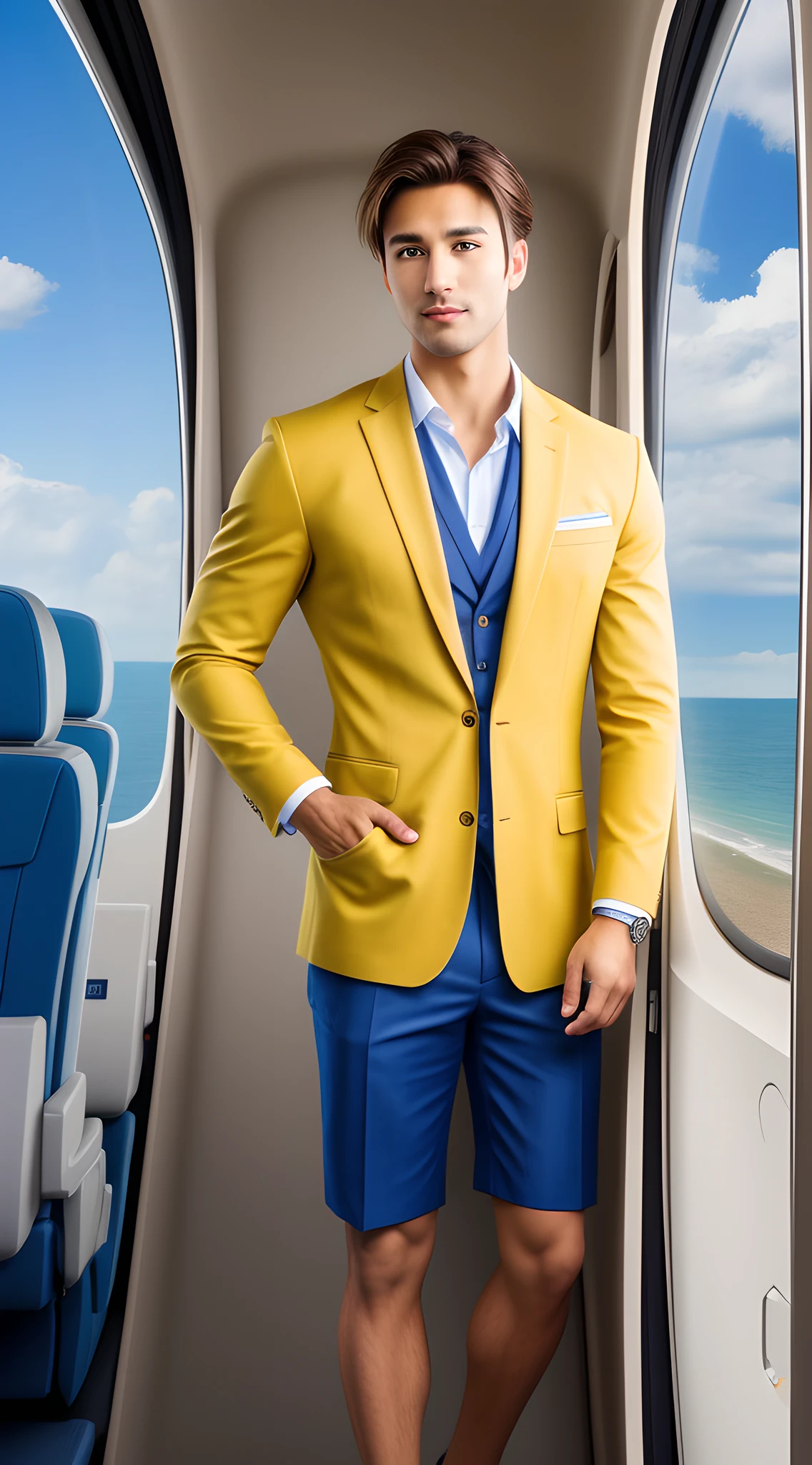 (man), handsome male CA, flight attendant, yellow uniform, tanned, muscular, full-body, two, (high detail: 1 in 1), natural skin, high quality, nsfw, beautiful eyes, (face: 1 2), noise, real photo, psd, sharp focus, high resolution 8k, realistic, professional photography, 8k uhd, soft lighting, high quality, film grain, fujifilm x3