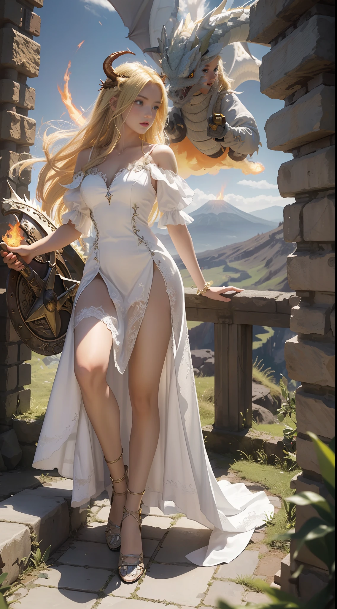 Very detailed CG, (Beautiful Eyes, White Dress, 1 Girl, Middle, Bare Legs, Headborn Dragon Horns, Long Dress, Blonde Hair, Stockings, Long Sword in Hand), (Charizard, Spitfire), Dragon Slayer Warrior, Volcanic Eruption, Magma, Fire Special Effects, Fire Flame, Sky, Mountains, Clouds, Dynamic Angle, Flowing, 8k Wallpaper, Masterpiece, Best Quality, Ultra Detailed, Best Lighting, Best Shadow