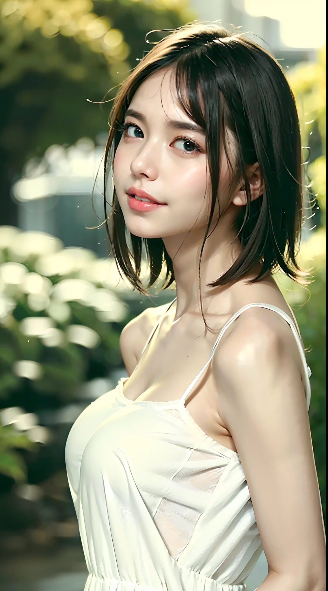 (cowboy Shot, from side, white and simple camisole, short hair, gigantic breastss, arms behind back, standing:1.4),
(masterpiece, best quality, highly detailed, absurdres, RAW photo, ultra high resolution: 1.4),
Highly detailed face and skin texture, Detailed eyes, Sharp focus, One girl, White skin, Real human skin, Oval face, Pore, Gentle and goddess-like eyes,
Lip gloss, Eyelashes, Gloss face, Wide lighting, Natural shading, Small waist, slender body, smile, Sagged eyes, Double eyelids, at park
