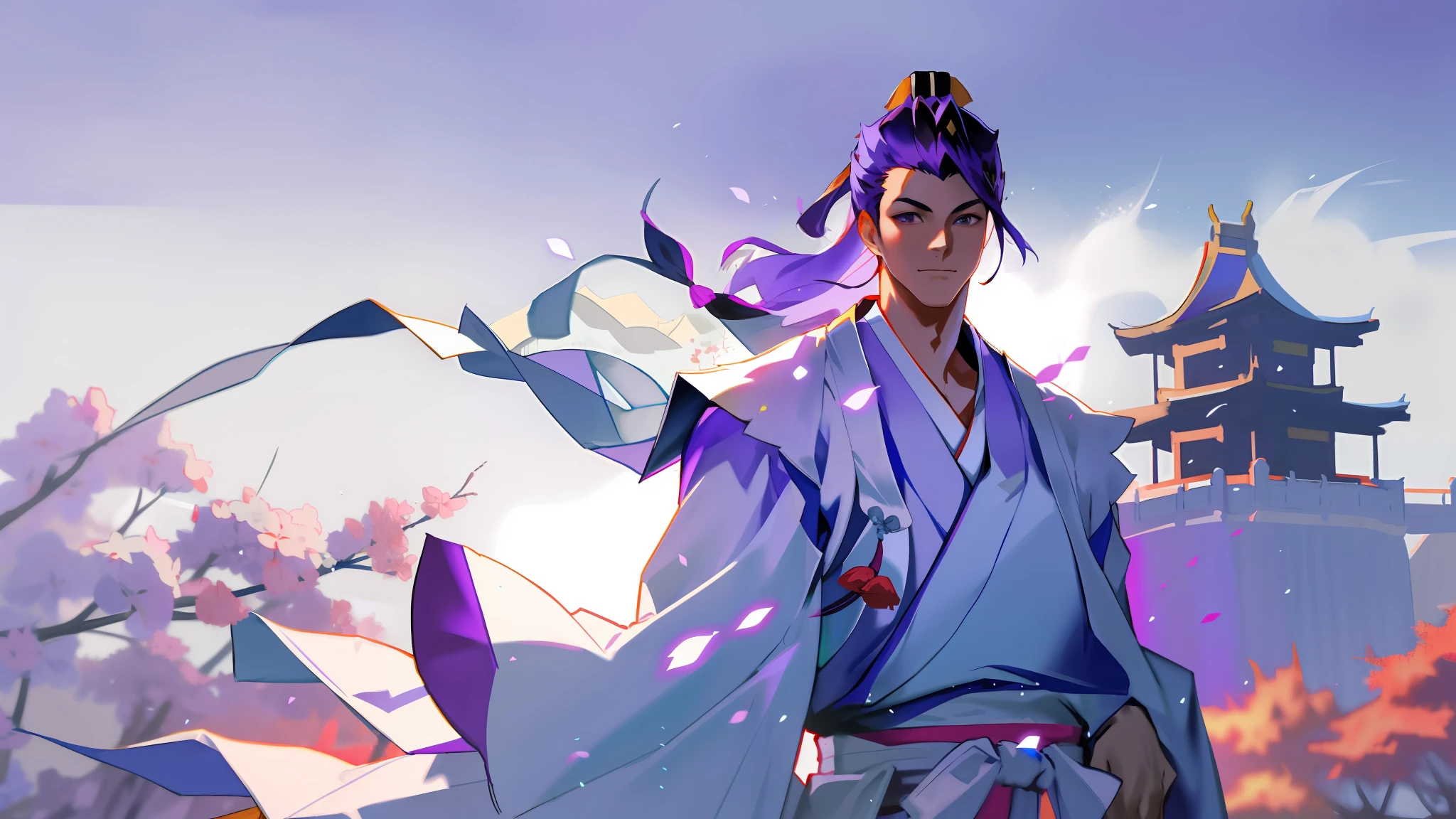 Boy with white kimono and purple sash in front of a Chinese castle