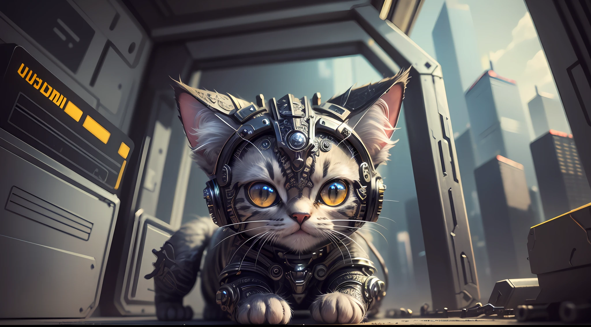 A cute kitten made of metal, robot, cyberpunk style, ((intricate details)), hdr, ((intricate details, super detailed)), cinematic footage, vignette --auto --s2