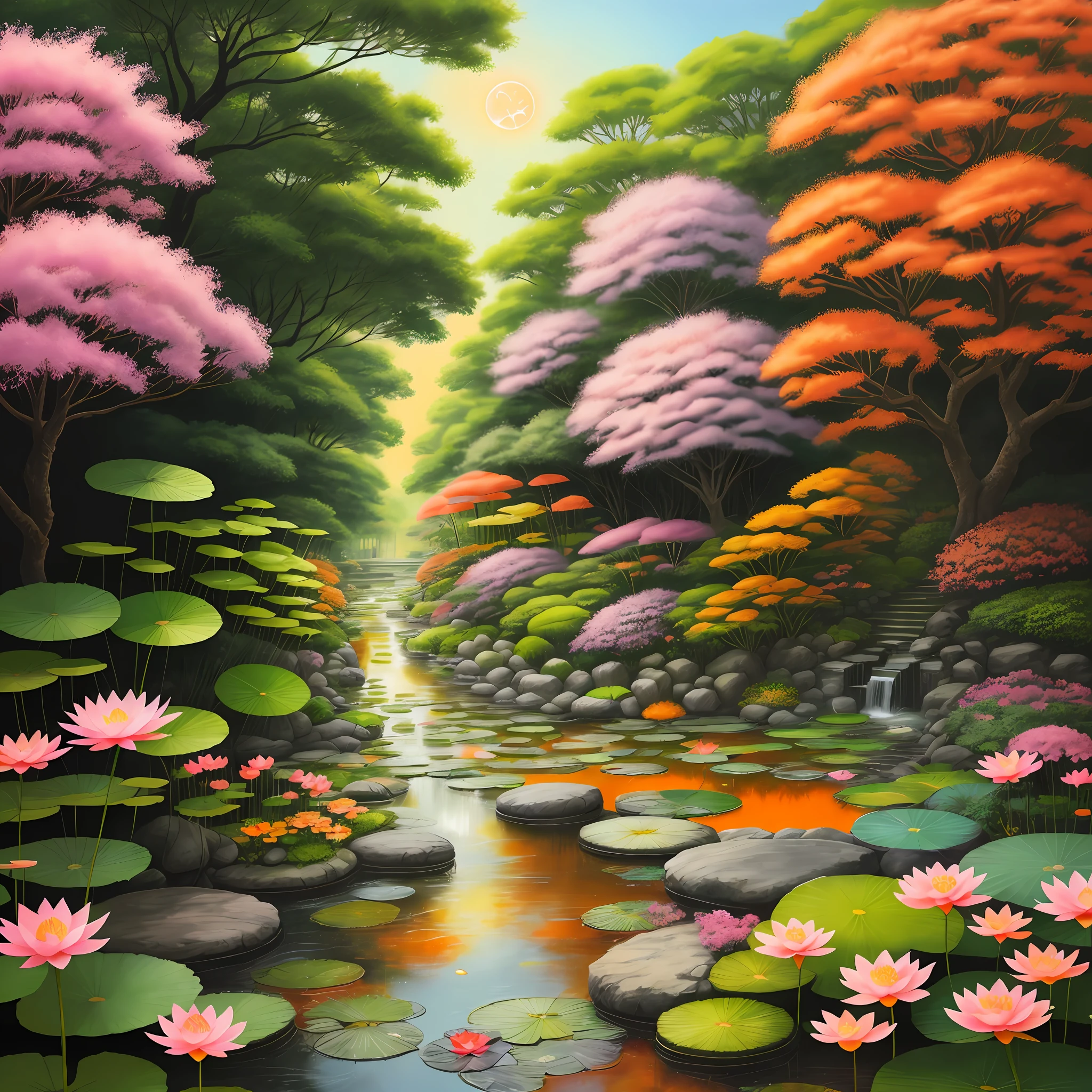 Colorful Japan garden with colorful orange and pink shrubs, lotus flowers, bright colorful flowers and lots of midday sunshine and fireflies bright doodle color art