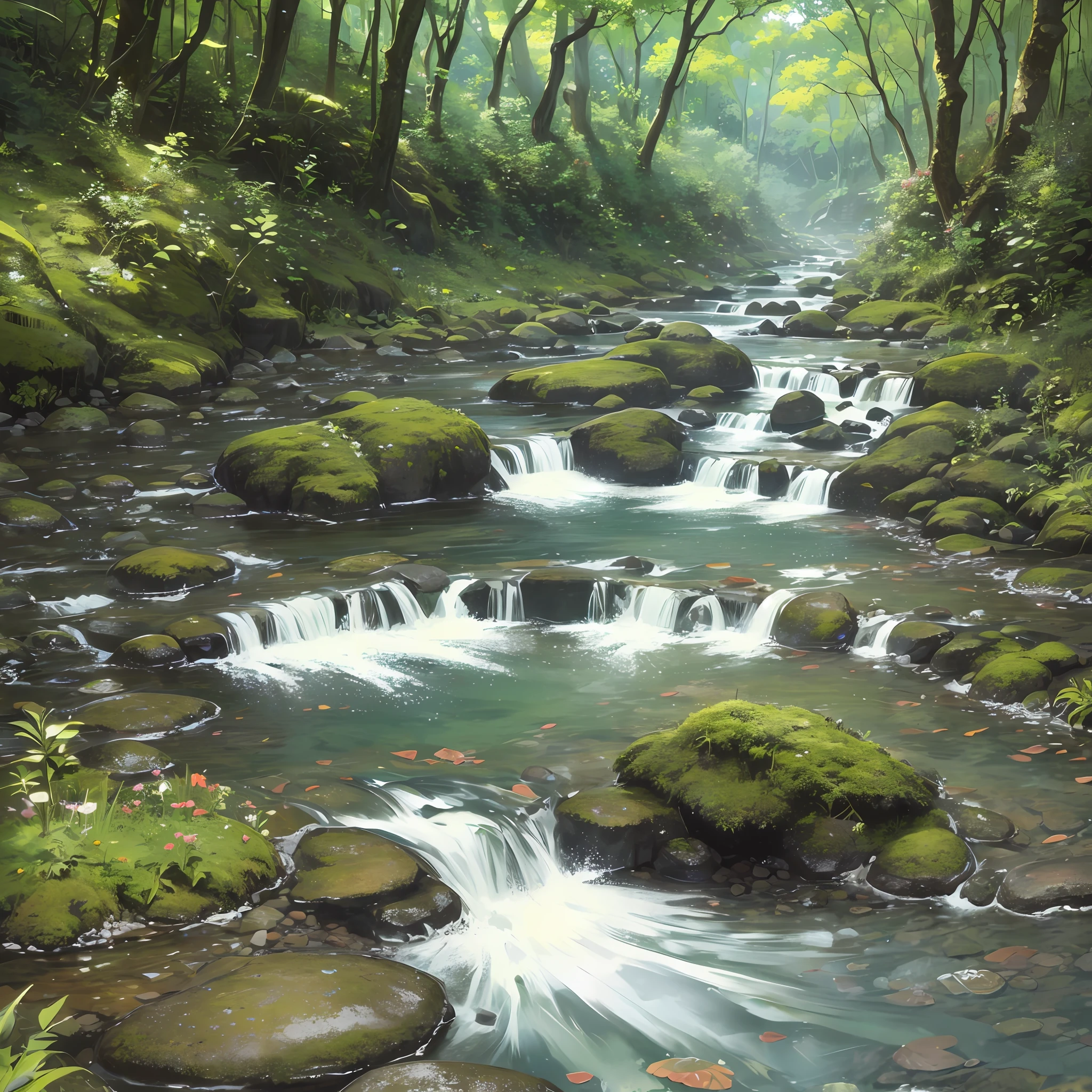 ((Best Quality, 8K, Masterpiece: 1.3)), light in the dark night, vivid and crystal clear image, clear and beautiful view, rocks, streams, streams flowing through a forest filled with rocks, babbling streams, gentle glowing forest streams, shining in flowing streams, mysterious canyon streams, water flows, small water flows, small streams, streams, flowing clear water creekbeds, river flows, small streams, small streams, rivers in the forest, streams, streams, Flowing water --auto --s2