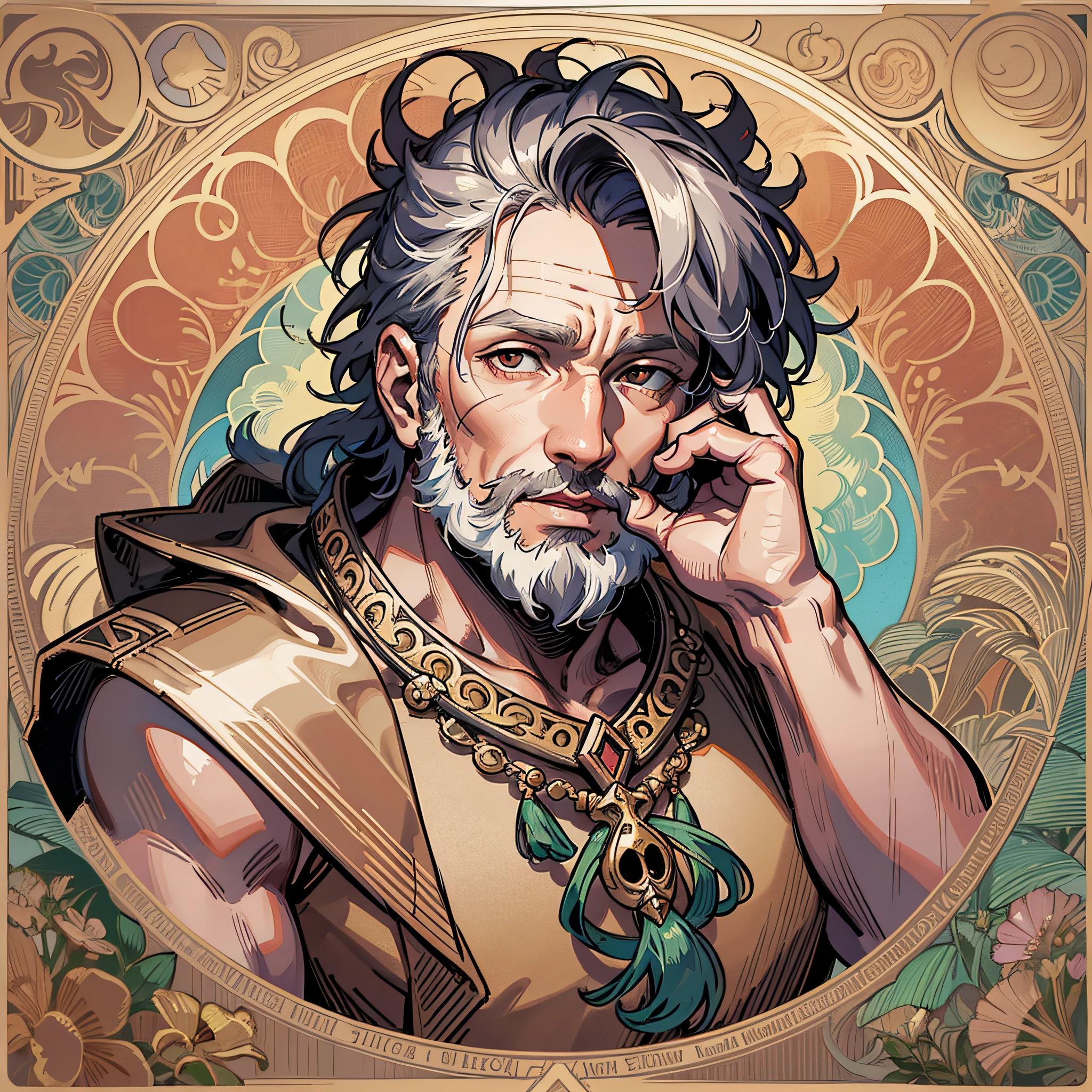 Portrait Rpg, Frame of Fire, Close-up, Vector Art, Race: Human, Gender: Male, Age: 60 years, Eyes: deep red; Skin color: Light skin, Hair: Long red, Physique: muscular complexion, Facial features: Light beard and eye scar, Expression: Cheerful look, Equipment: King's clothing, Background: simple portrait with frame, Alphonse Mucha (Masterpiece, best quality, high: 1.4), detailed, intricate details, 4K, splashes of color, line art, fibonacci