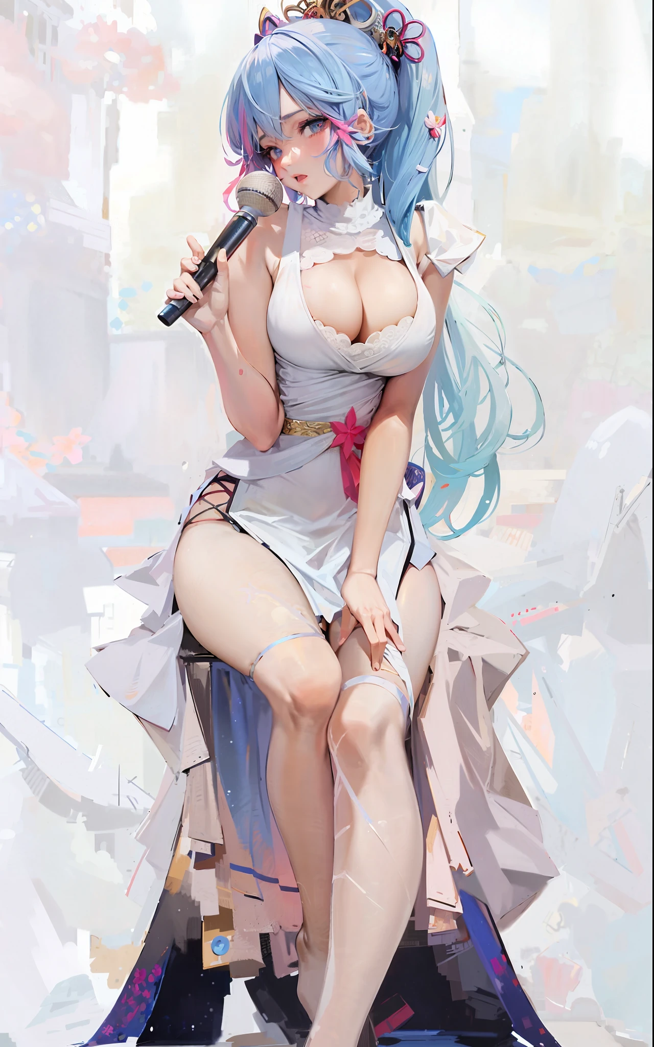 anime girl with blue hair and a microphone sitting on a rock, cute anime waifu in a nice dress, anime goddess, extremely detailed artgerm, seductive anime girl, ! dream artgerm, rossdraws pastel vibrant, style artgerm, guweiz on pixiv artstation, guweiz on artstation pixiv, beautiful alluring anime woman