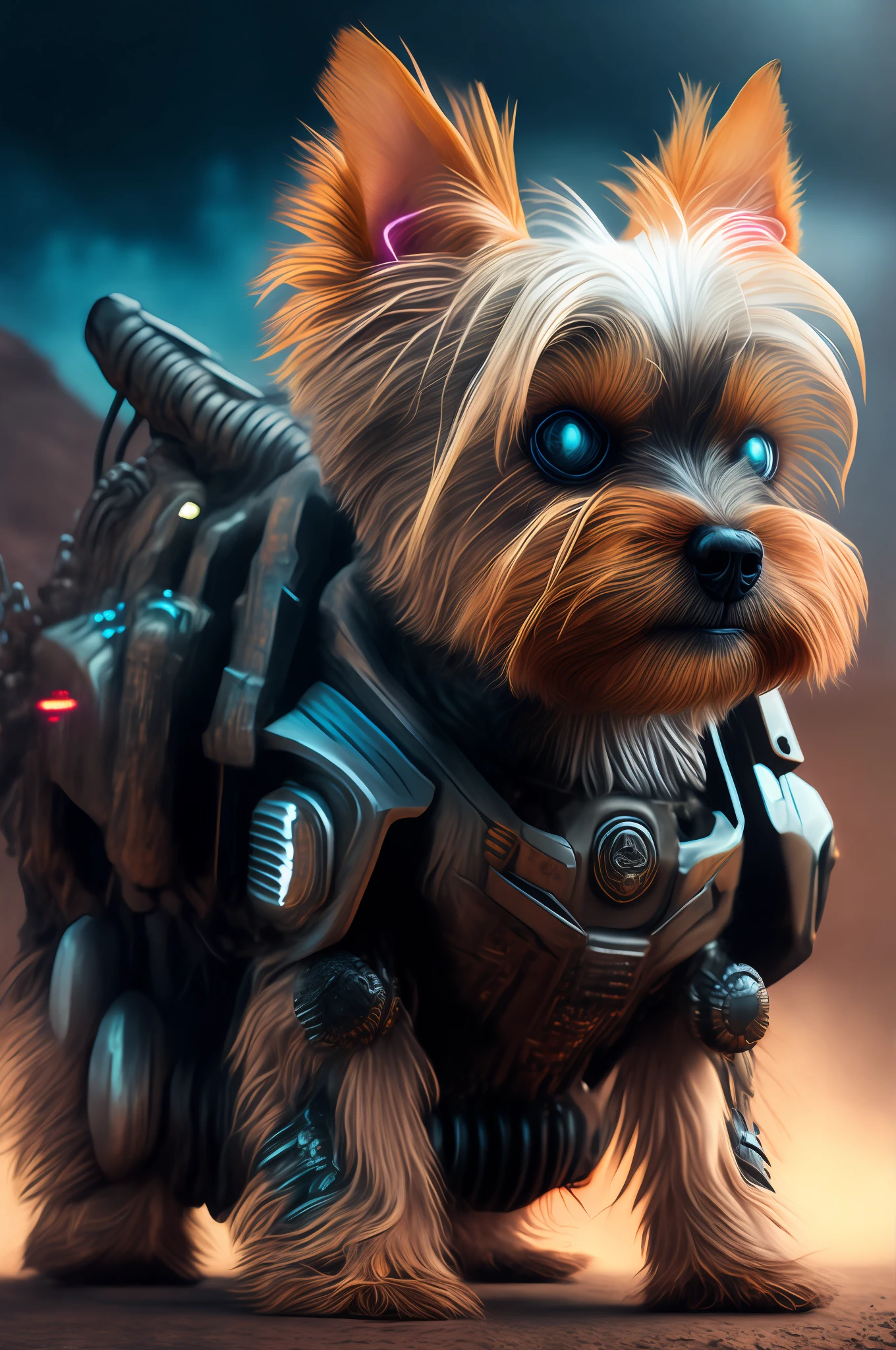 Yorkshire Terrier (robot) dog as a doomsday killer, realistic sci-fi cyberpunk power armored robot, close-up portrait, cowboy shot