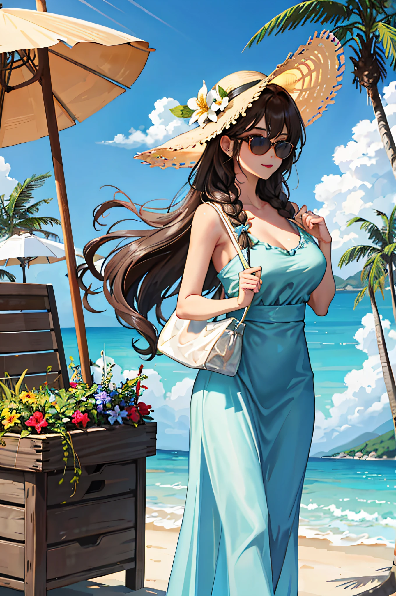 (masterpiece:1.2, best quality), 1lady, solo, upper body, big tits, latexskin
Elegant and flowy maxi dress in a vibrant color or pattern
Polished and radiant with natural-looking makeup and loose waves
Beachside resort or a garden party
Floppy sun hat and oversized sunglasses, with a straw tote bag to complete the look
Loose waves or braided updo, with floral hair accessories for a touch of whimsy