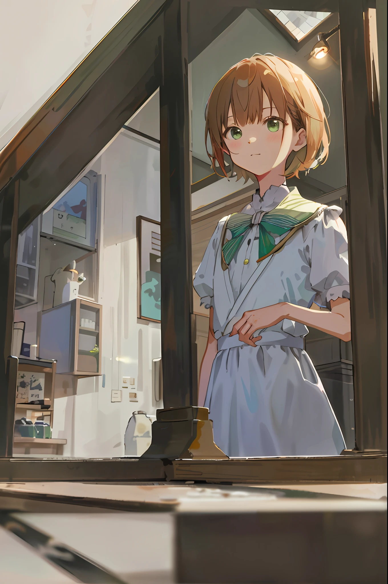 A small bird perches on the white and moss green windowsill of a café in Tokyo. The door is inlaid with stained glass.