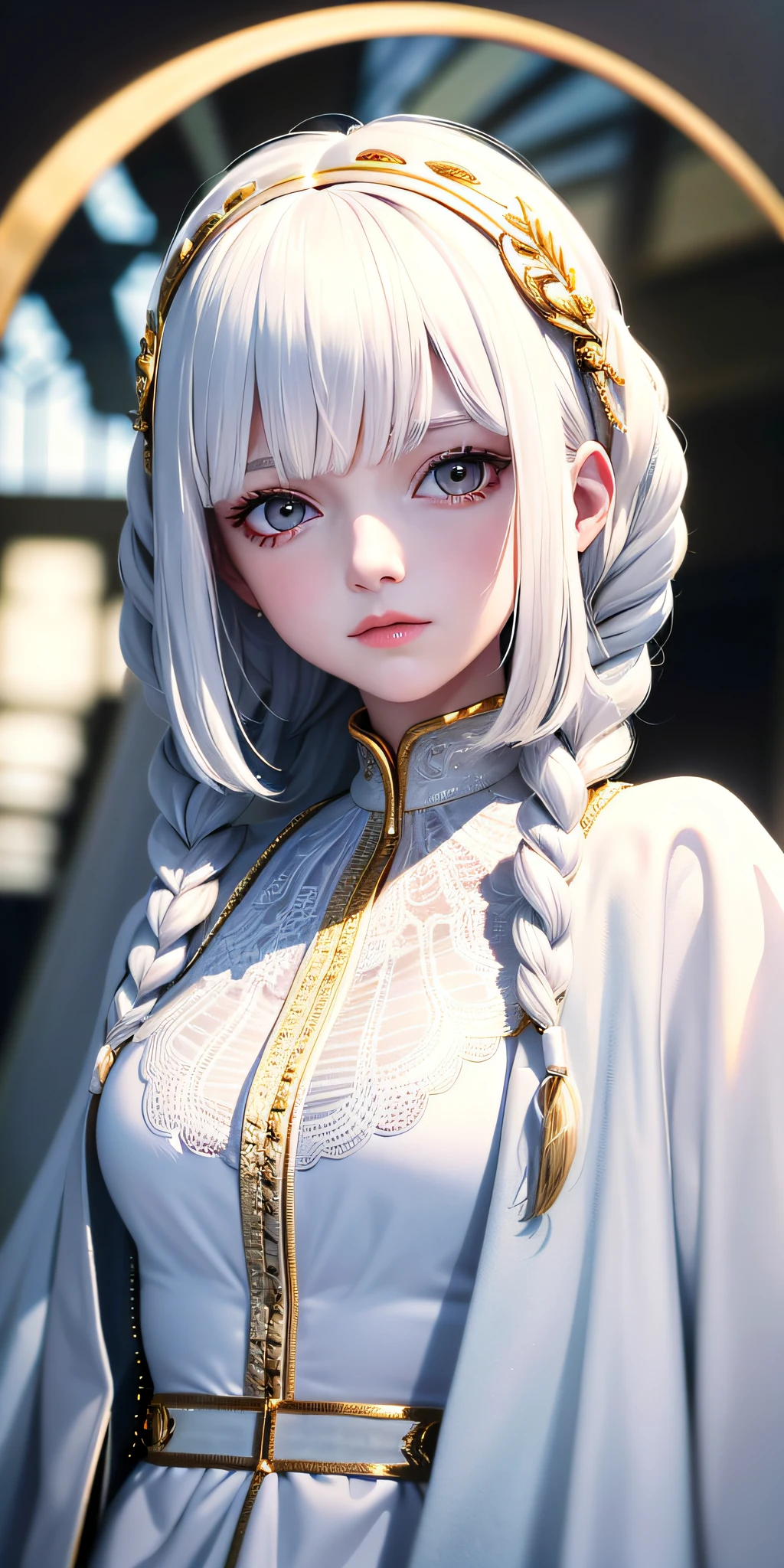 best quality, masterpiece,white hair, gold eyes,white clothes, looking up, upper body,hair strand,Fair skin,side braids