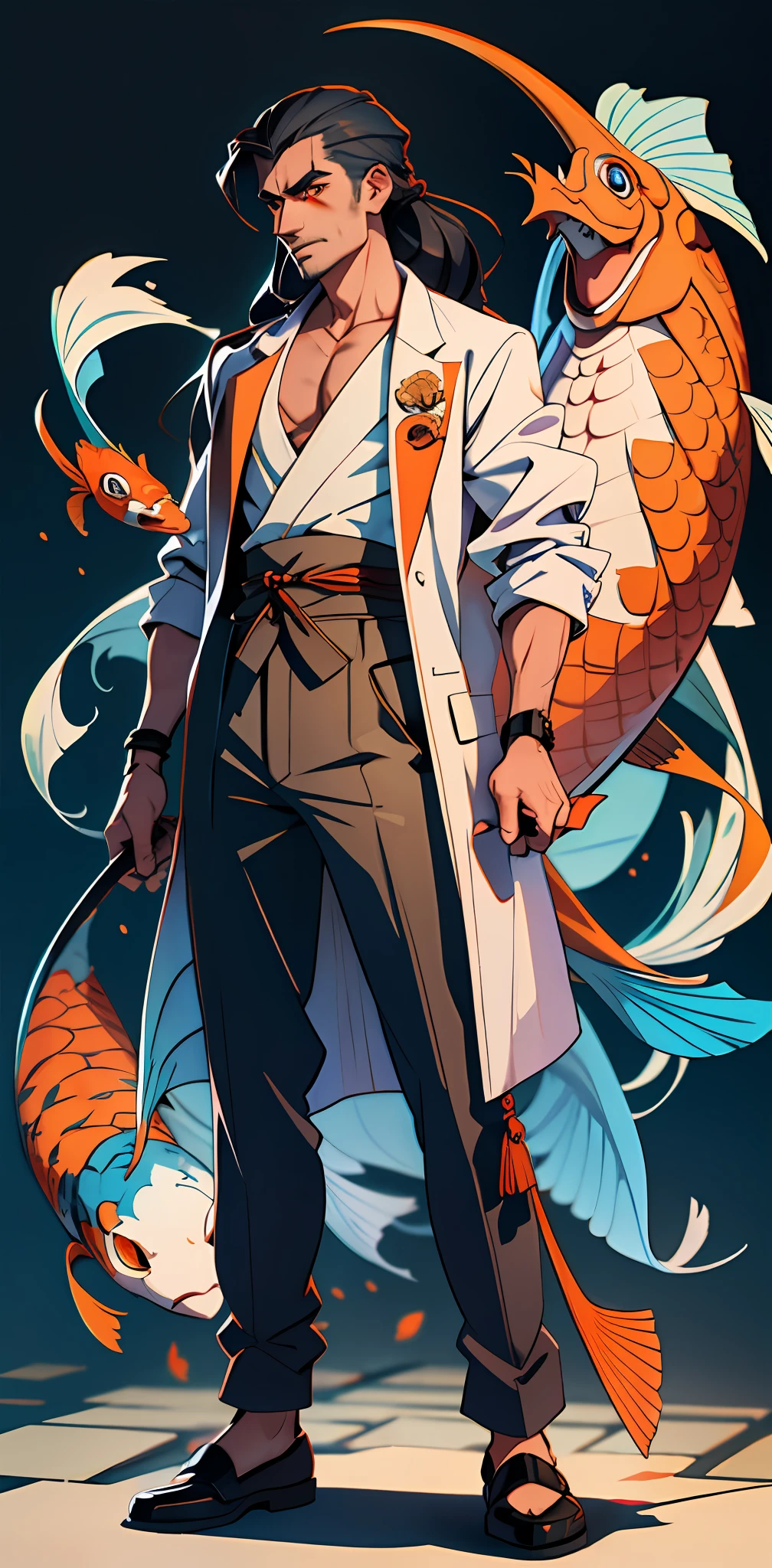 Male, swarthy, blue long hair, orange eyes, detailed, full length, man, mafia, scars, koi carp
