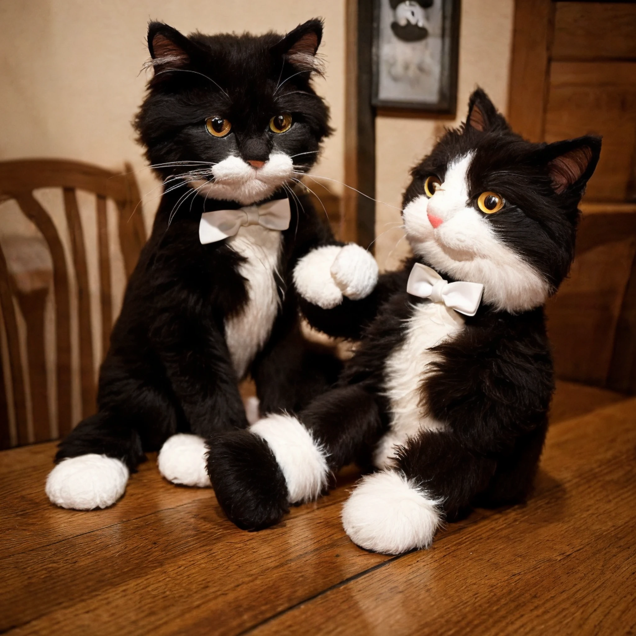 Black and white Muppet doll cat, atropomorph cat wearing a white suit walking down the street