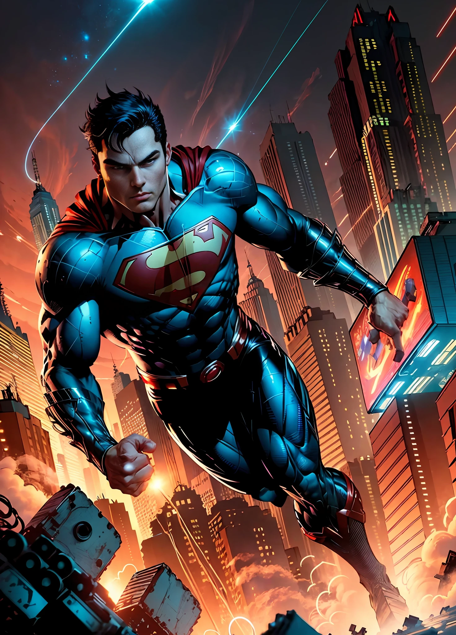(8k wallpaper of extremely detailed CG unit, masterpiece, best quality, ultra-detailed), (better lighting, better shadow, extremely delicate and beautiful), floating, [(((1man)))), (Superman: 1.3), red eyes, muscles, bright blue lines, detailed costume, heroic pose):0.8], [(futuristic cityscape, night, bright neon lights:1.2, smoke, sparks, metal chips, flying debris, blue energy effects, volumetric light):0, 5]