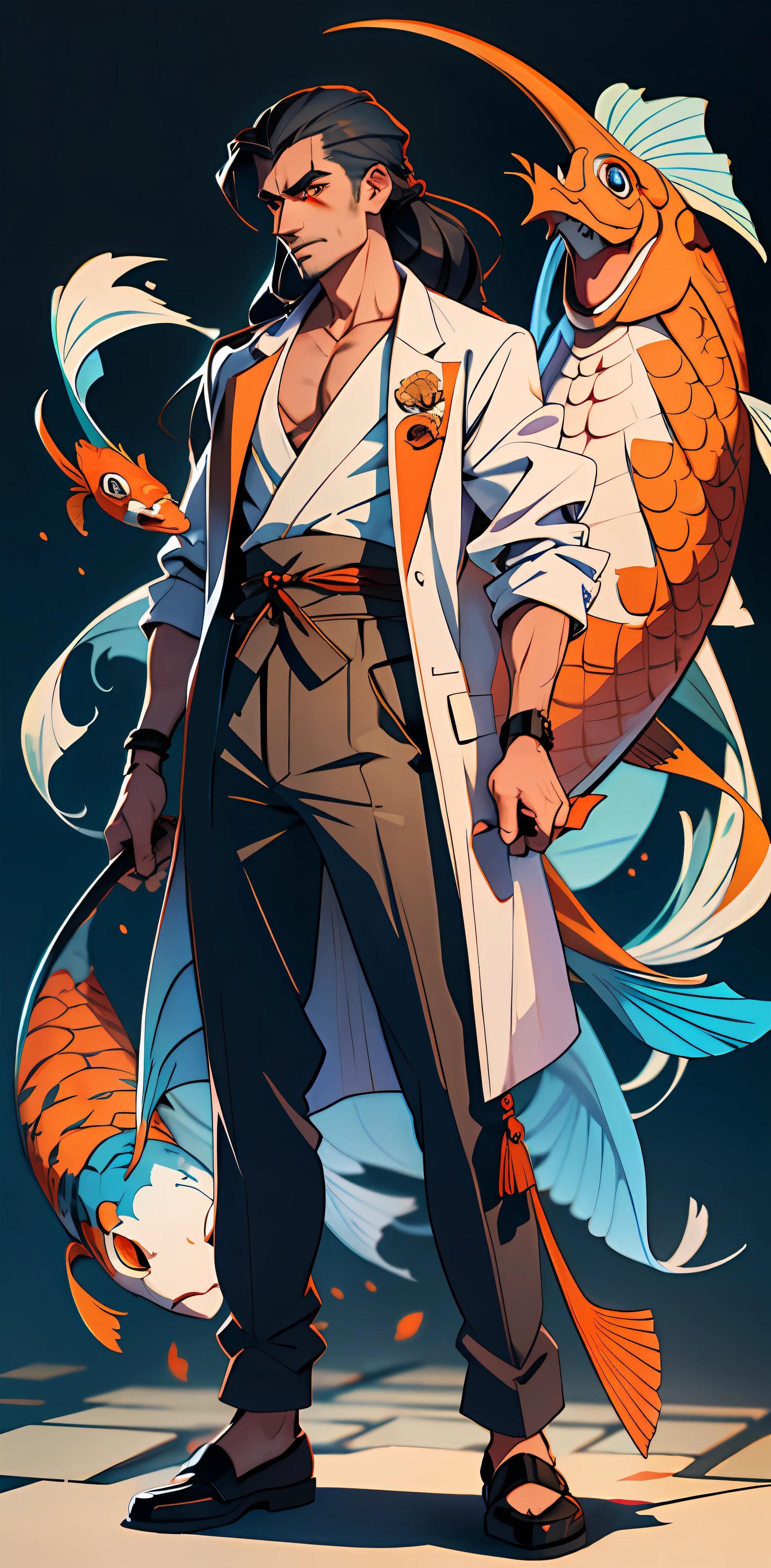 Male, swarthy, blue long hair, orange eyes, detailed, full length, man, mafia, scars, koi carp