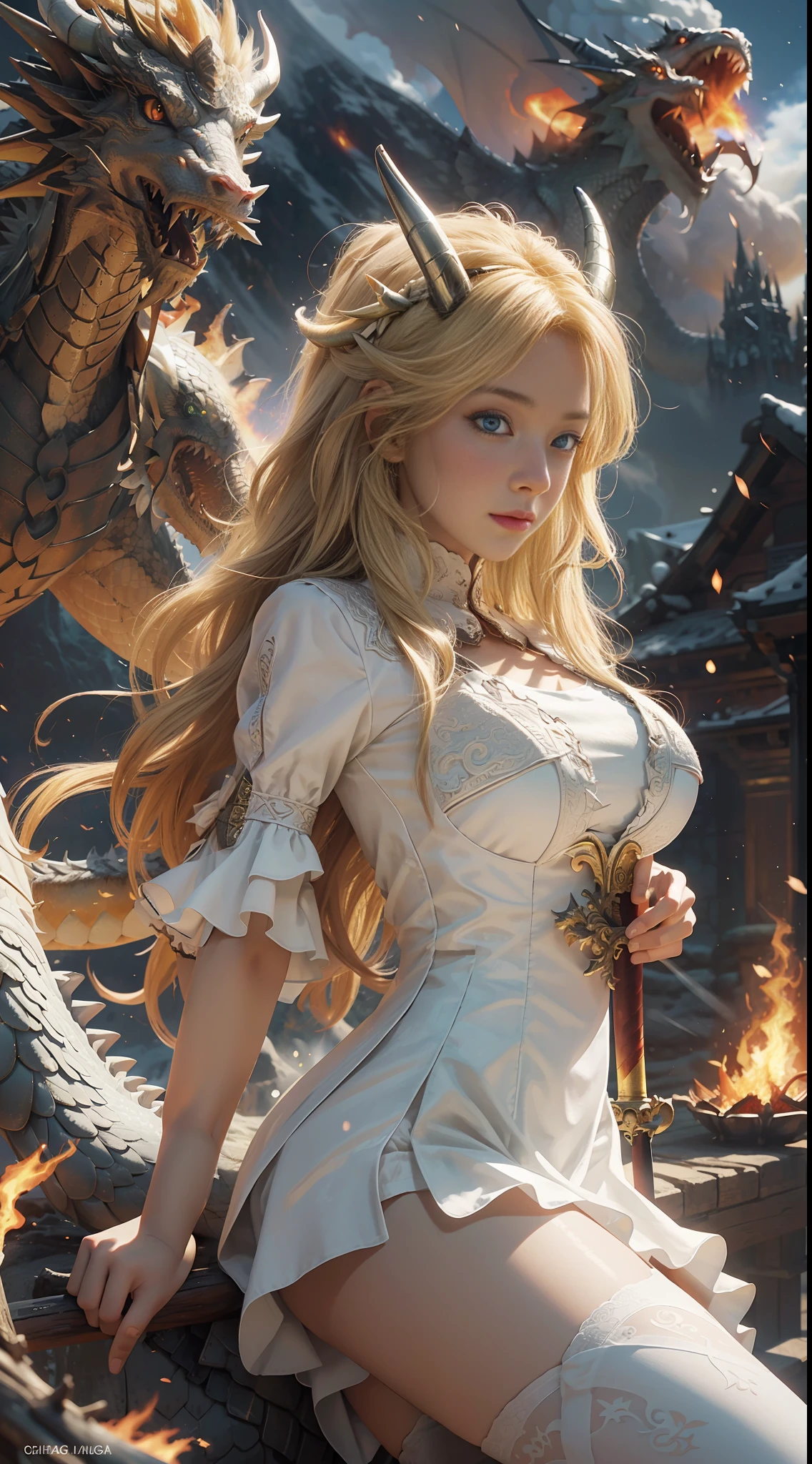 Very detailed CG, (Beautiful Eyes, White Dress, 1 Girl, Middle, Bare Legs, Headborn Dragon Horns, Long Skirt, Blonde Hair, Stockings, Holding a Long Sword), (Charizard, Spitfire), Standing on the Back of a Dragon, Dragon Slayer Warrior, Volcanic Eruption, Magma, Fire Special Effects, Fire Flame, Sky, Mountains, Clouds, Dynamic Angle, Flowing, 8k Wallpaper, Masterpiece, Best Quality, Ultra Detailed, Best Lighting, Best Shadows