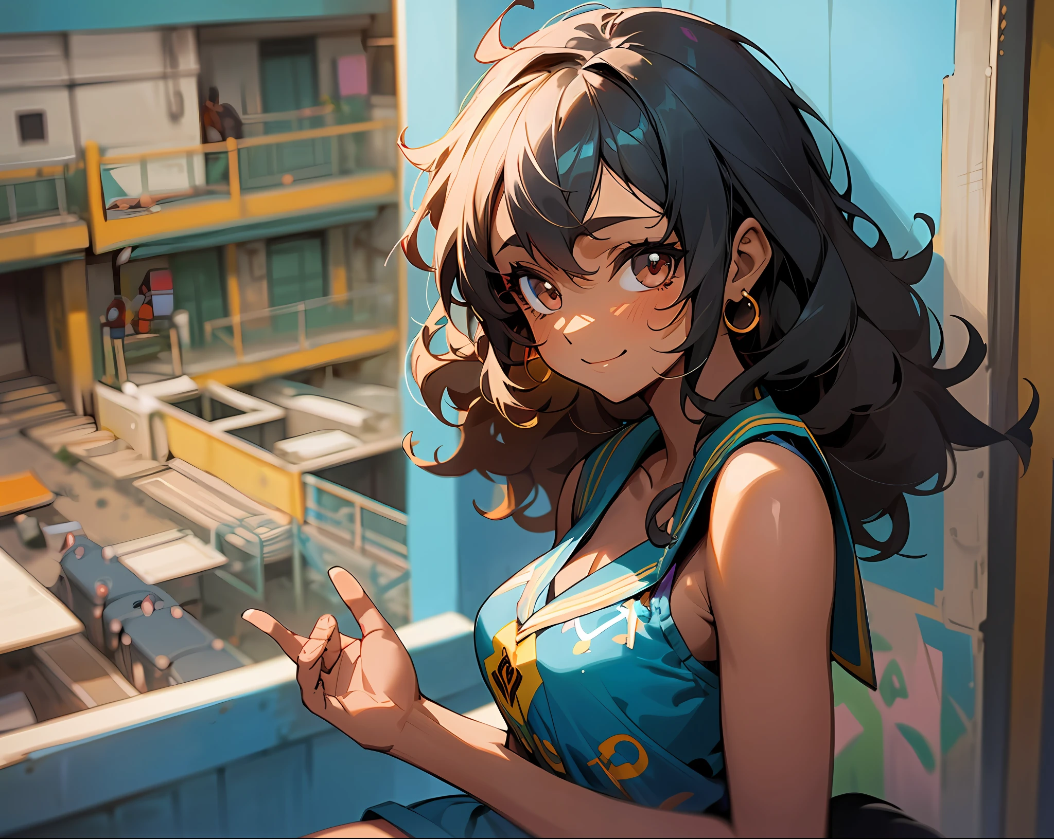 1girl, anime girl, beautiful face, latin american beauty, curly hair, tanned skin, dark skin, small breasts, big ass, sitting in the favela watching class in the poor school of the favelas Carioca, concentrates, cheerful, smiling, favela, wearing a uniform Brazilian school, cinematic environment, based in Rio de Janeiro, tail