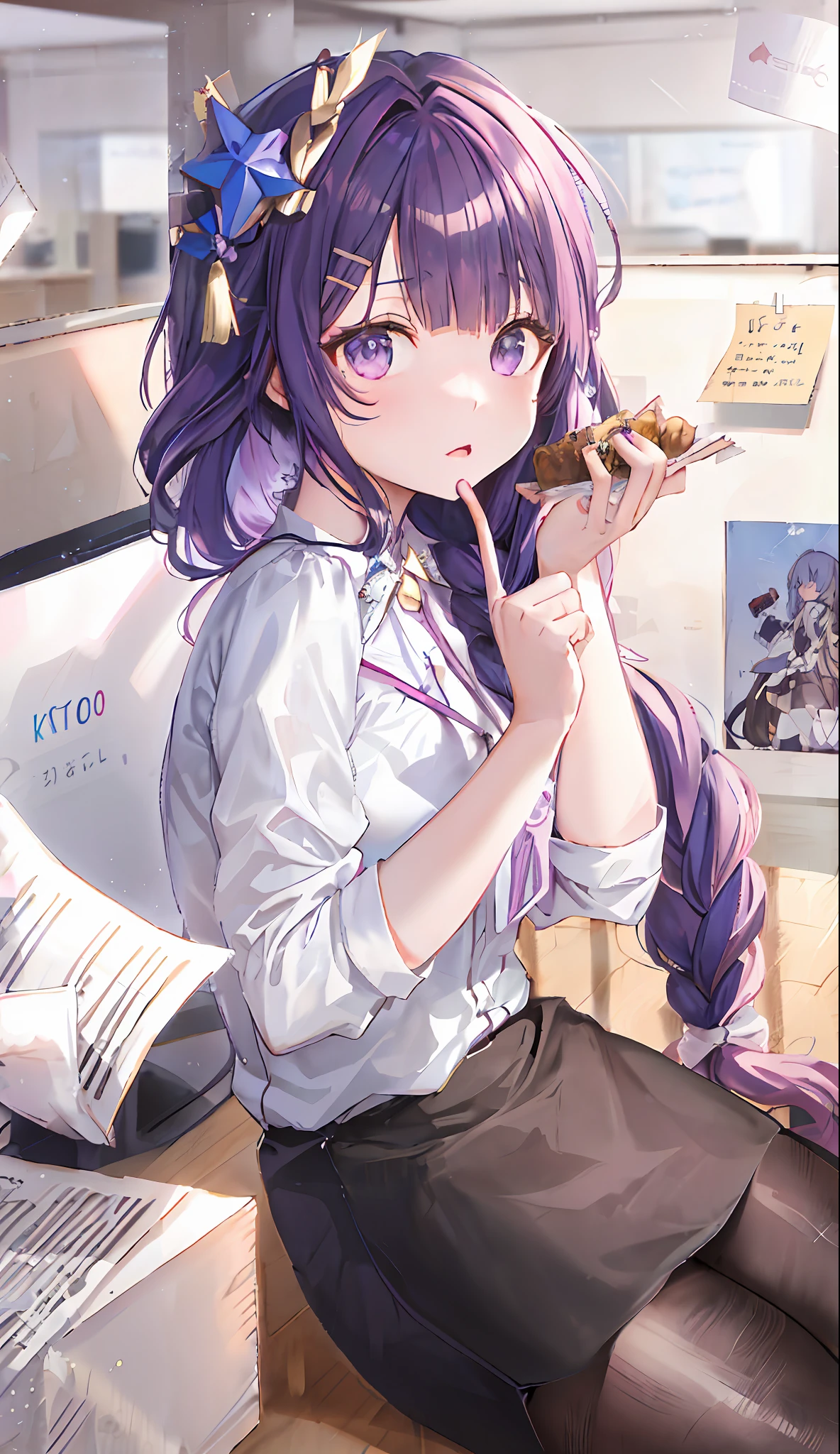 anime girl with long purple hair eating a piece of food, marin kitagawa fanart, zerochan art, anime moe artstyle, ilya kuvshinov with long hair, smooth anime cg art, zerochan, anime style 4 k, high quality anime artstyle, sakimichan, beautiful anime high school girl, detailed fanart, anime visual of a cute girl