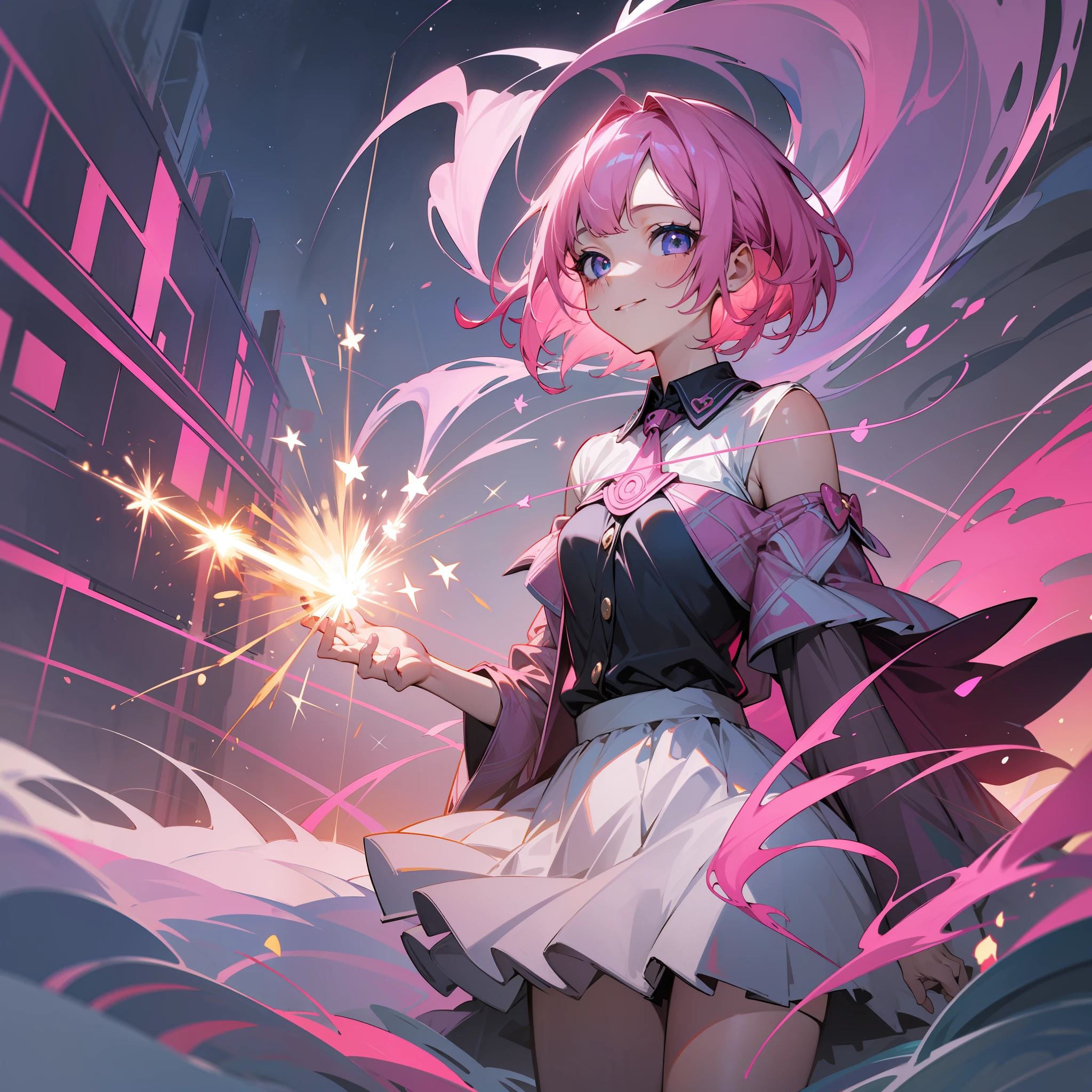 masterpiece, best quality, absurdres, highres, official art, 1girl, solo, bob smile pink hair sea night sparkler beautiful light