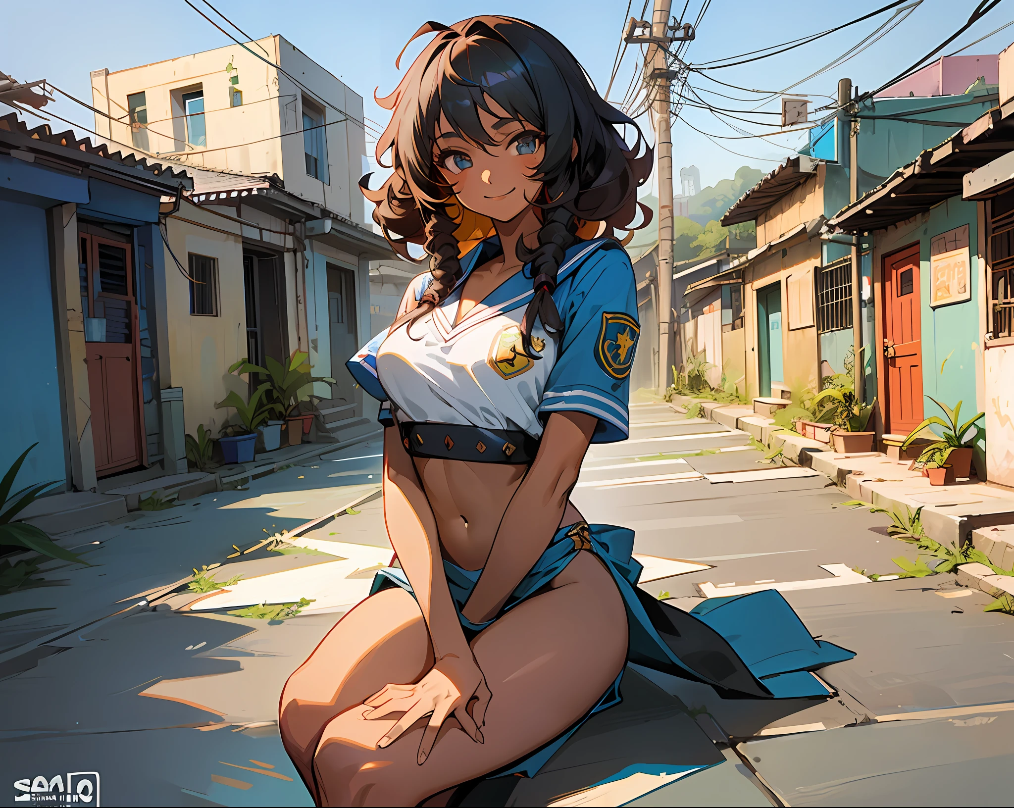 1girl, anime girl, beautiful face, latin american beauty, curly hair, tanned skin, dark skin, small breasts, big ass, sitting in the favela watching class in the poor school of the favelas Carioca, concentrates, cheerful, smiling, favela, wearing a uniform Brazilian school, cinematic environment, based in Rio de Janeiro, tail