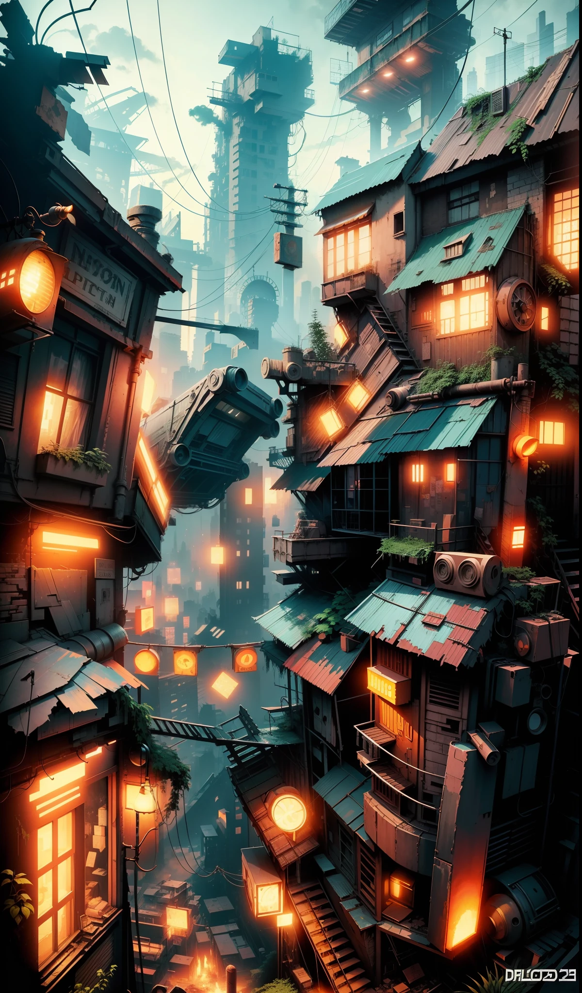 Illustration of old cityscape, dilapidation, ruins, retro atmosphere, cyberpunk, iron concrete atmosphere --auto --s2