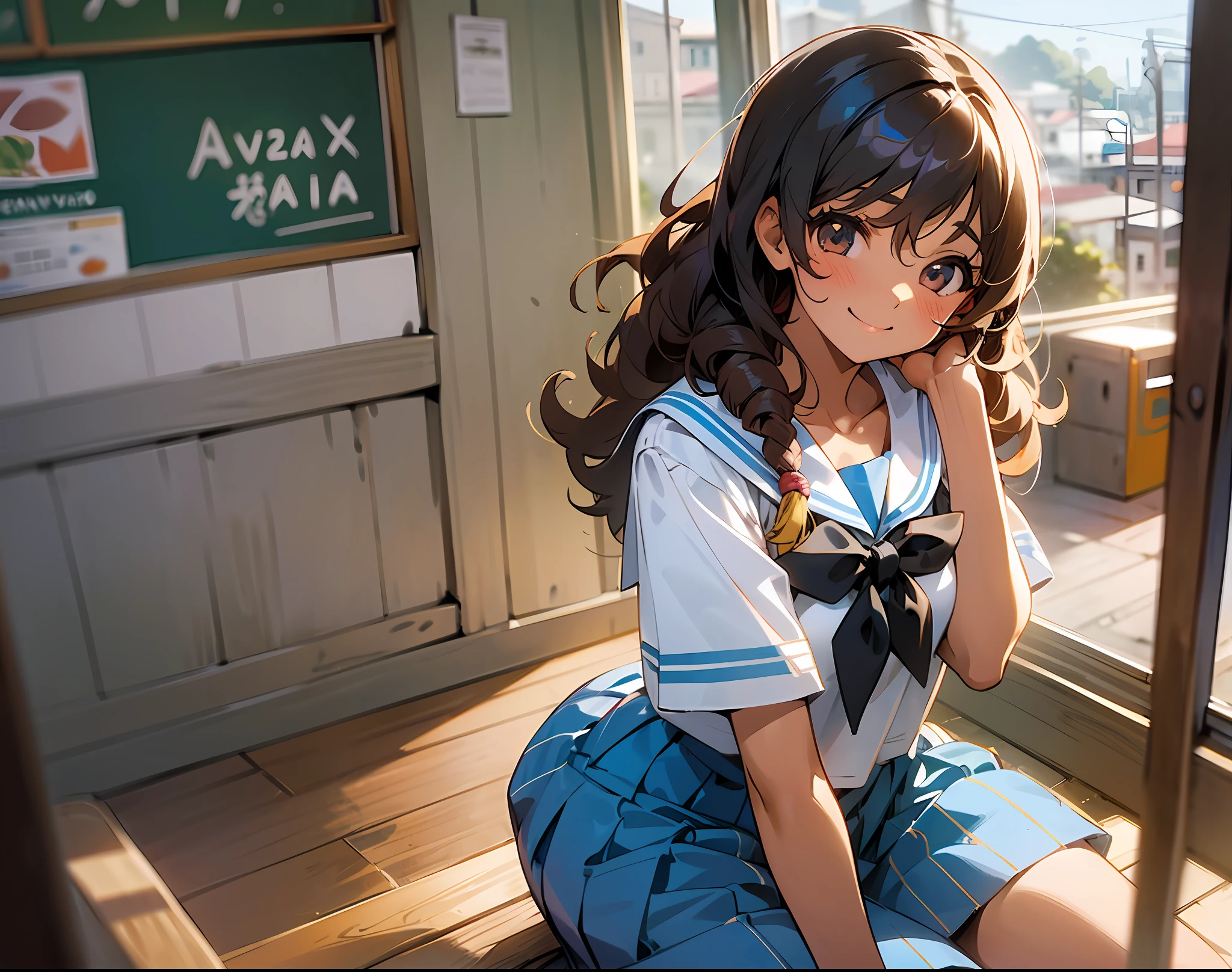 1girl, anime girl, beautiful face, latin american beauty, curly hair, tanned skin, ribbon marquee, sitting in the favela watching class in the poor school of the favelas Carioca, concentrates, cheerful, smiling, favela, wearing a Brazilian school uniform, cinematic environment, based in Rio de Janeiro,