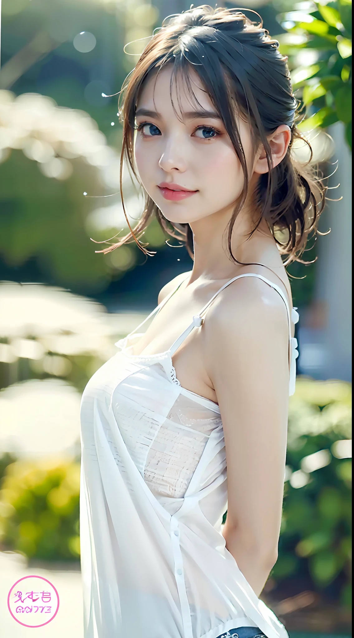 (cowboy Shot, from side, white and simple camisole, short hair, gigantic breastss, arms behind back, standing:1.4),
(masterpiece, best quality, highly detailed, absurdres, RAW photo, ultra high resolution: 1.4),
Highly detailed face and skin texture, Detailed eyes, Sharp focus, One girl, White skin, Real human skin, Oval face, Pore, Gentle and goddess-like eyes,
Lip gloss, Eyelashes, Gloss face, Wide lighting, Natural shading, Small waist, slender body, smile, Sagged eyes, Double eyelids, at park