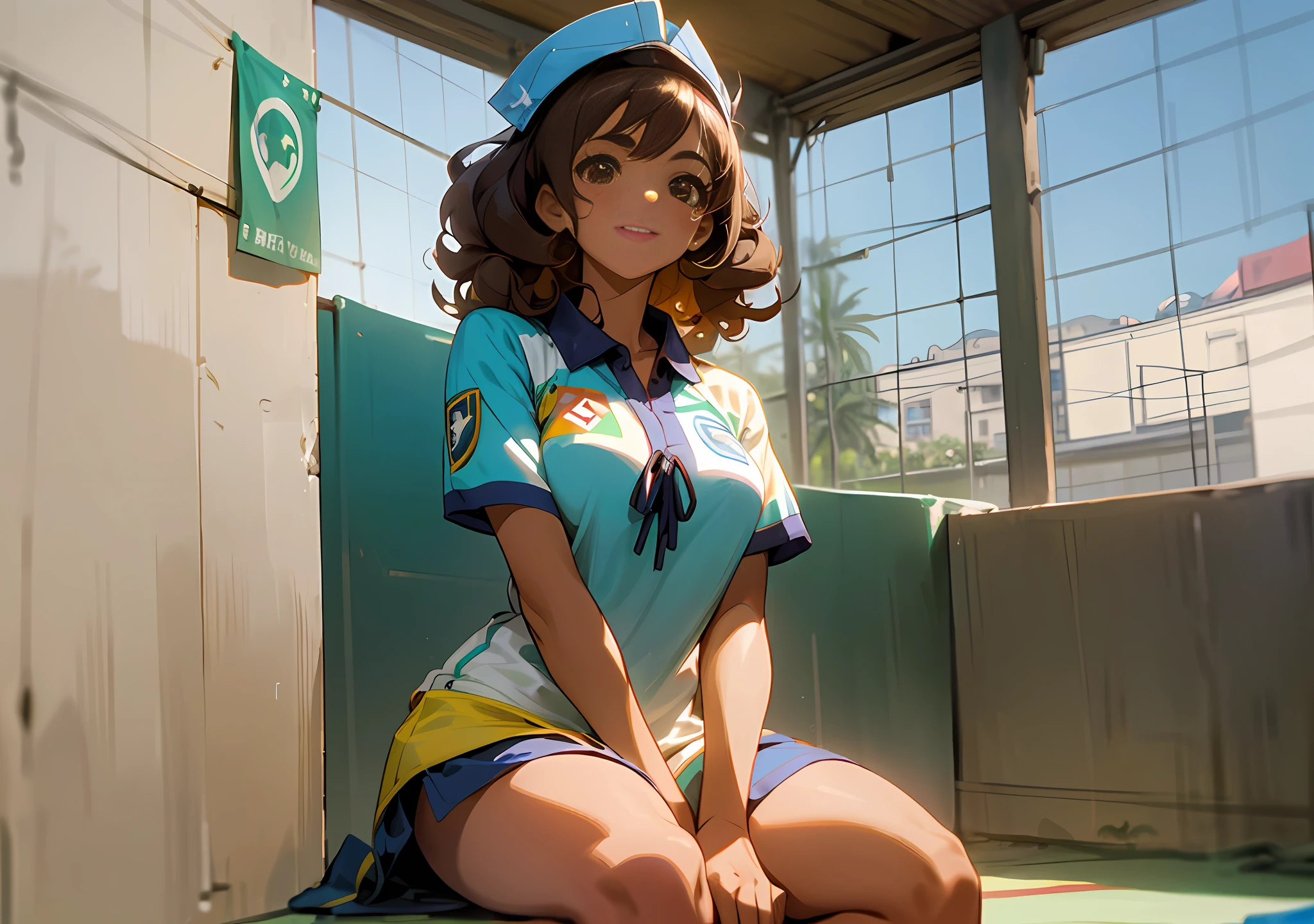 1girl, anime girl, beautiful face, latin american beauty, curly hair, tanned skin, ribbon marquee, sitting in the favela watching her friends playing soccer on a clay court, cheering, cheerful, favela, wearing the uniform of the palm tree soccer team, movie scene, cinematic environment, based in rio de janeiro, closeup full body