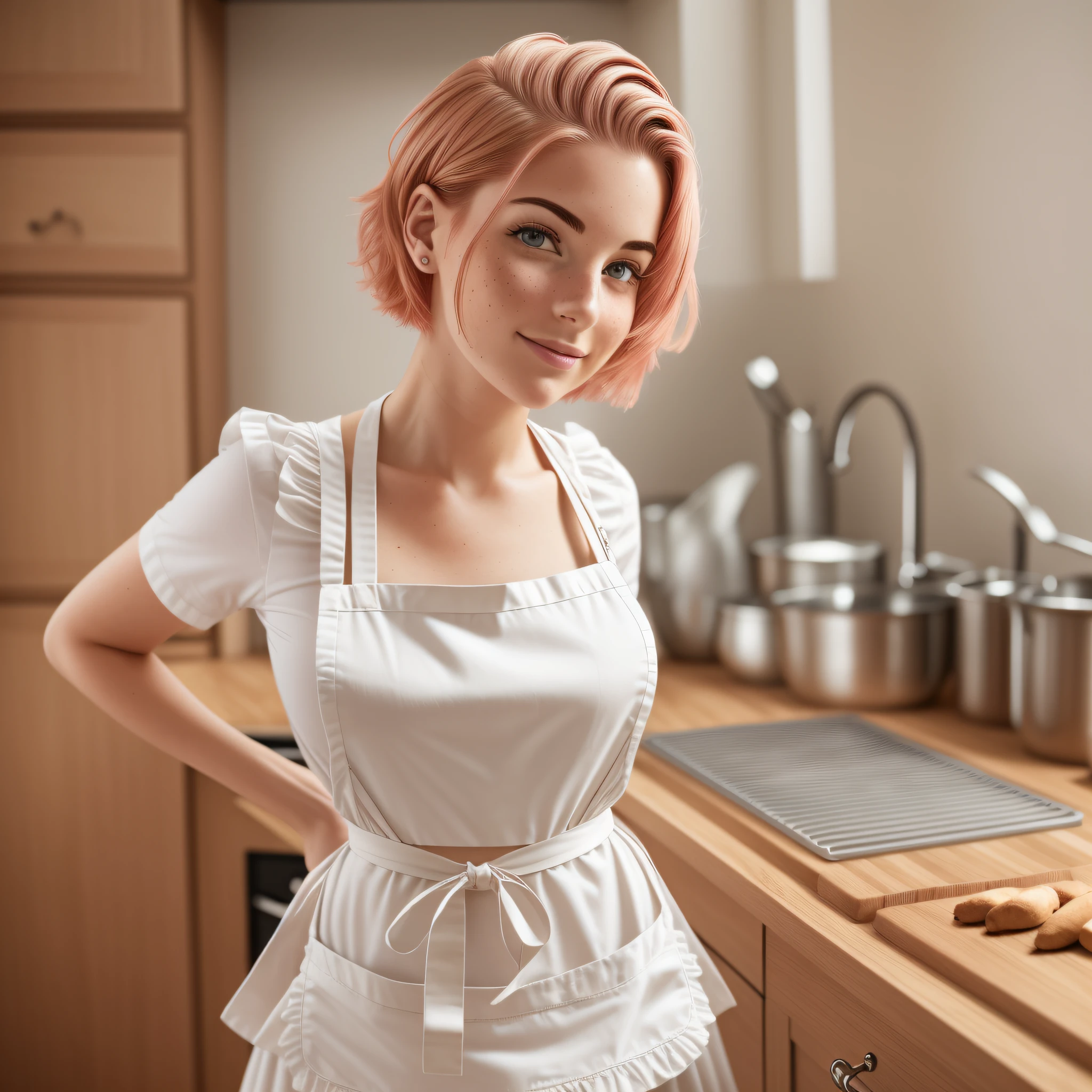 a closeup portrait of a playful maid, undercut hair, natural, apron, amazing body, pronounced feminine feature, kitchen, [ash blonde | ginger | pink hair], freckles, flirting with camera
