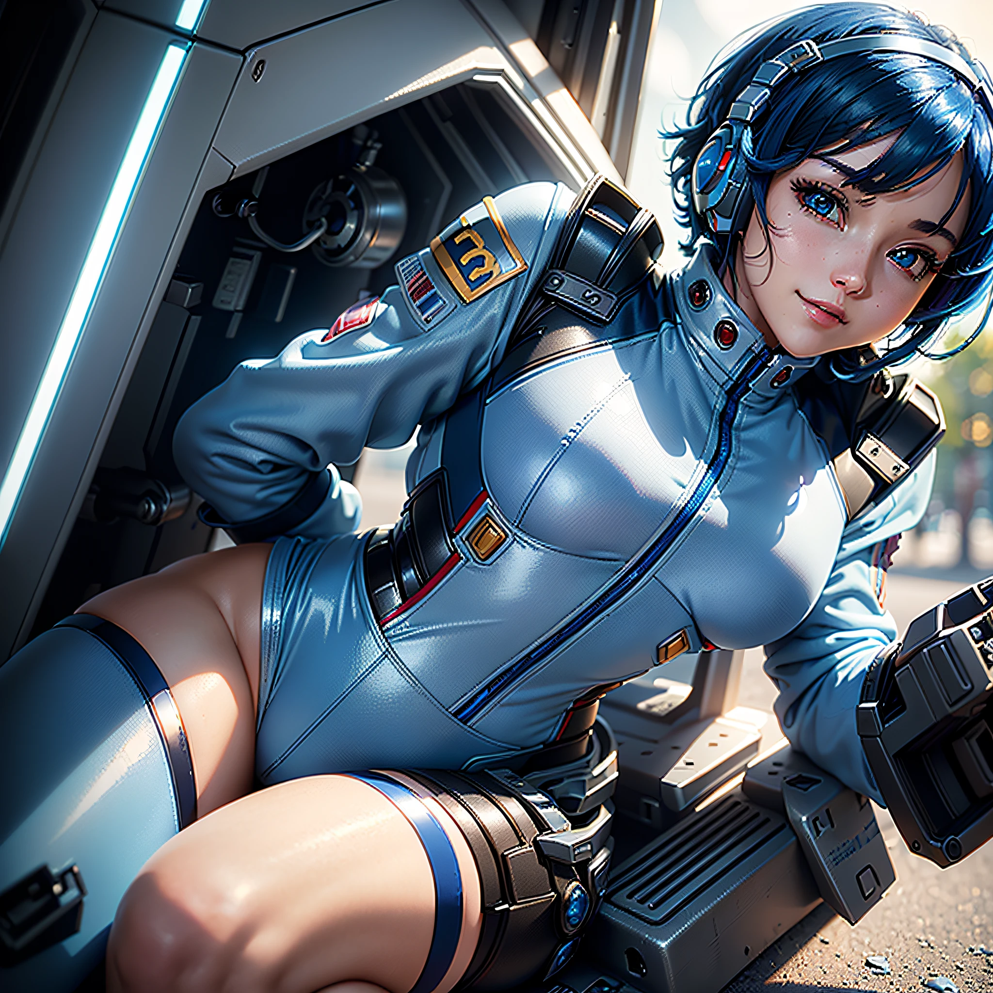 (Masterpiece, Best Quality, Best Resolution, distinct_image, Very Elaborate CG, Cinematic Lighting, Ray Tracing, Drop Shadows, Detailed Detail, (Photorealistic: 1.4), High Quality Textures, Fine-grained, Realistic Face Expression): (Single Girl, Face Japan Person, Blue Haired Girl, Short Cut, Lying, Small Size , Detailed Gundam cockpith sparkly blue colored eyes, eye-level shots, metallic white and blue colored flight suits, tight-fitting clothes, full-body covering clothes, light smile, beauty, slim body, exoskeleton, heroine, he knee boots, gloves, solo ride)