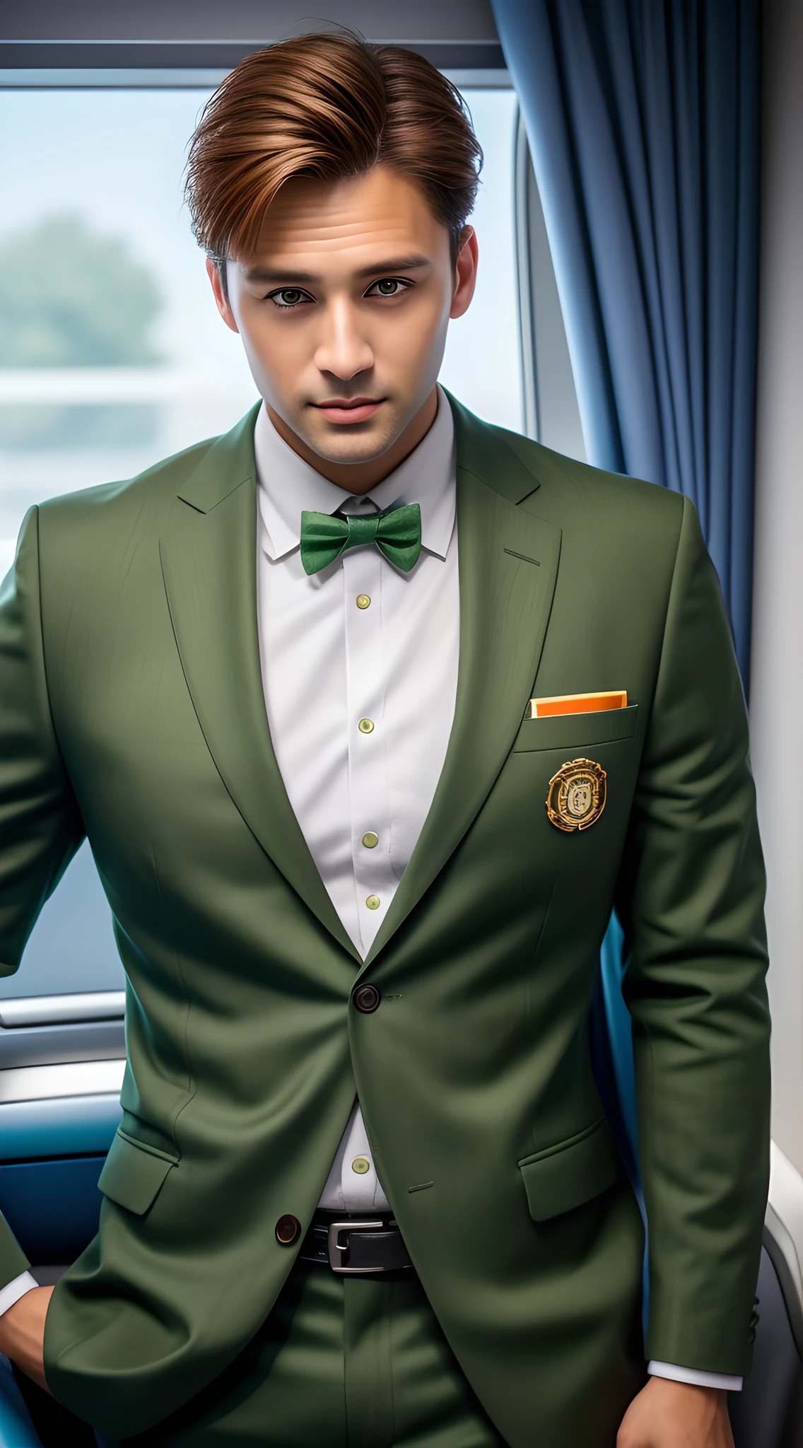 (man), handsome male CA, flight attendant, green uniform, tan, muscular, full-body, (high detail: 1 in 1), natural skin, high quality, nsfw, beautiful eyes, (face: 1 2), noise, real photo, psd, sharp focus, high resolution 8k, realistic, professional photography, 8k uhd, soft lighting, high quality, film grain, fujifilm xt3