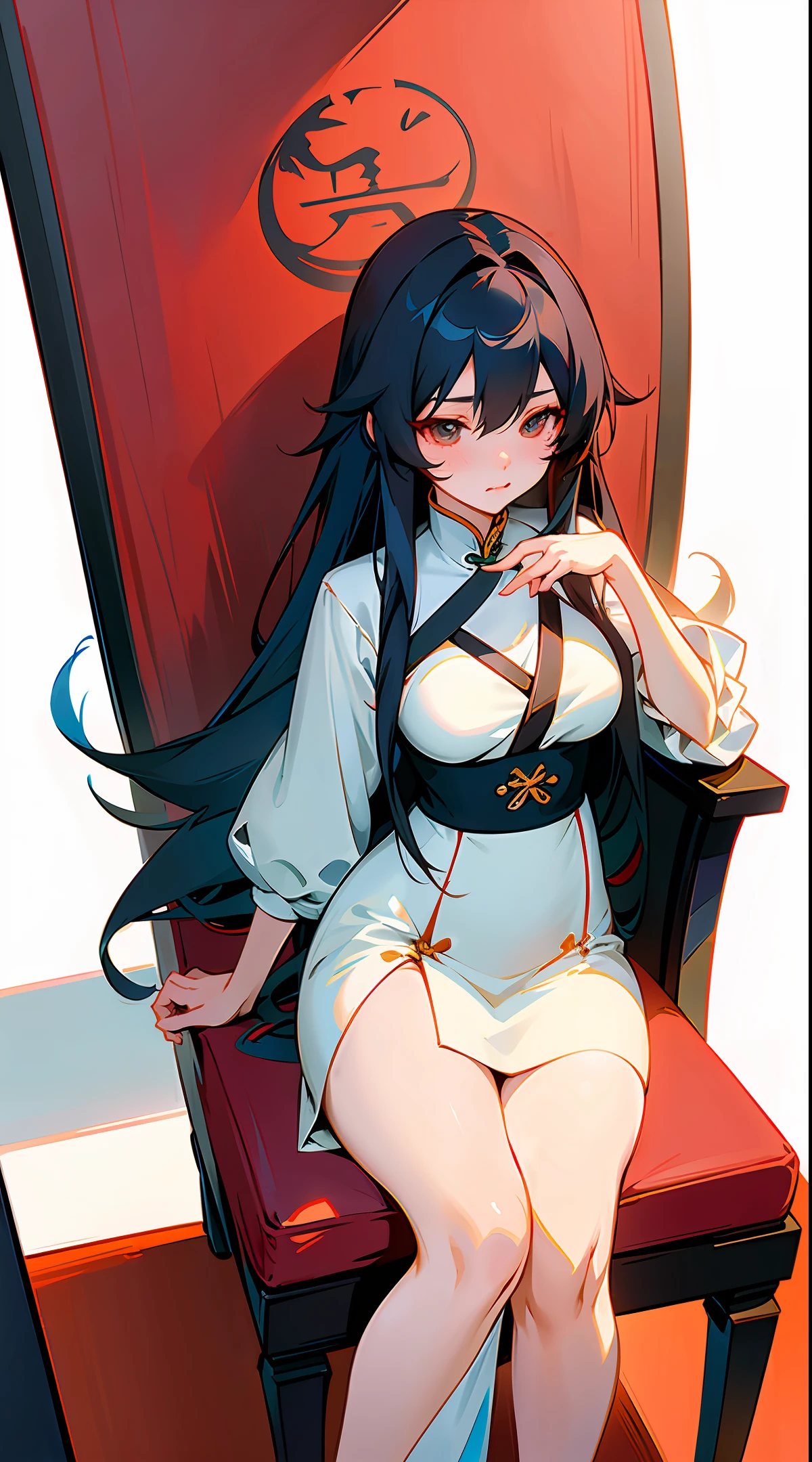 anime girl in white dress sitting on a chair with long hair, beautiful alluring anime woman, trending on cgstation, artwork in the style of guweiz, by Yang J, guweiz, seductive anime girl, beautiful character painting, beautiful anime woman, anime girl with long hair, by Zeng Jing, by Zhou Fang, by Zhan Ziqian