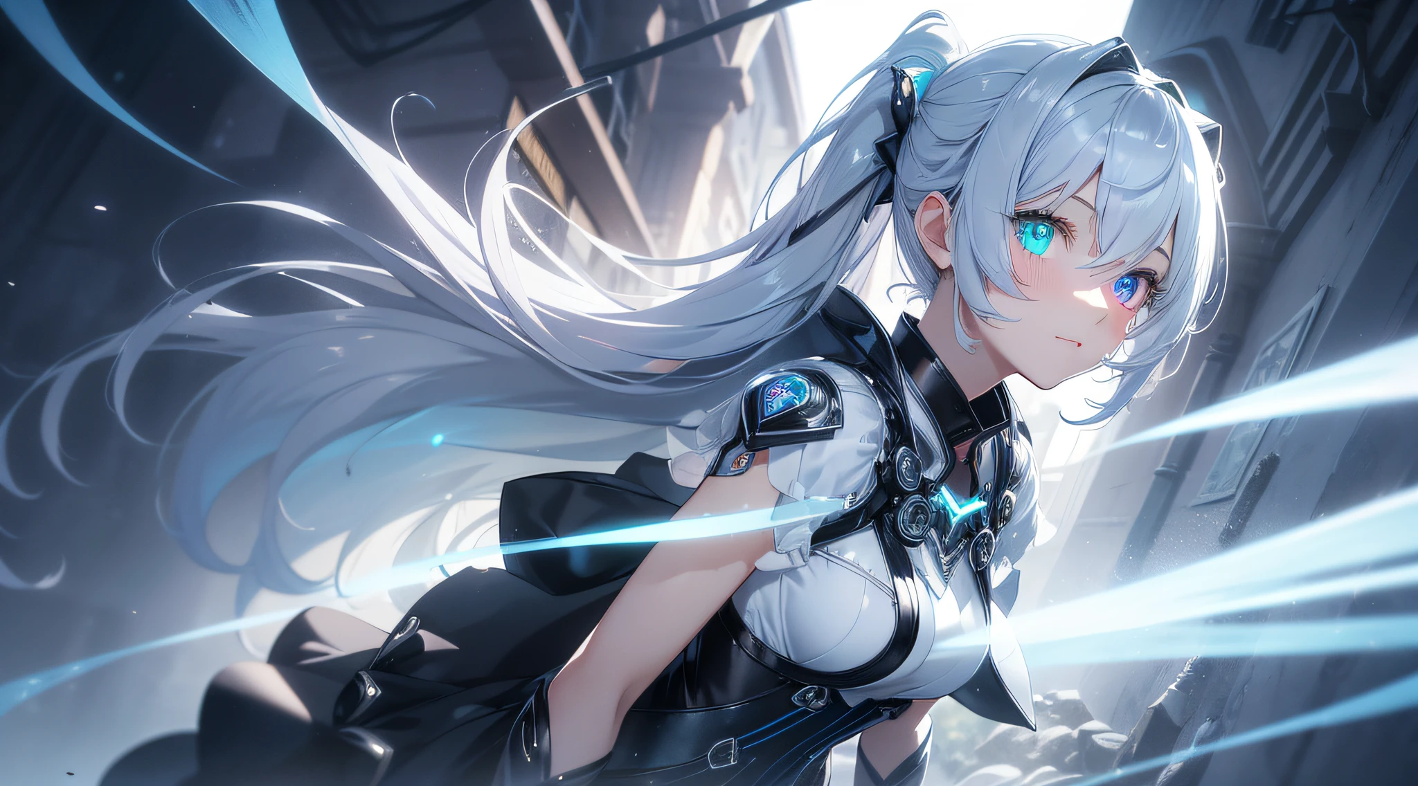 masterpiece, best quality, photorealistic, ultra-detailed, delicate, methodical, high detail, (cute), beautiful, majestic, shiny, shiny skin, thick contours, bluish silver ponytail, (drooping heterochromia iris:1.3), little,15 years old, girl with a gentle smile, shy girl, slender, (bioluminescent hair: 1.2), (glowing eyes), ambient occlusion, ambient light, ray-traced reflections, shine, glowing aura, glowing hair, Game CG, Dynamic Angle, Dutch Angle, Cowboy Shot, Blurred Background,
